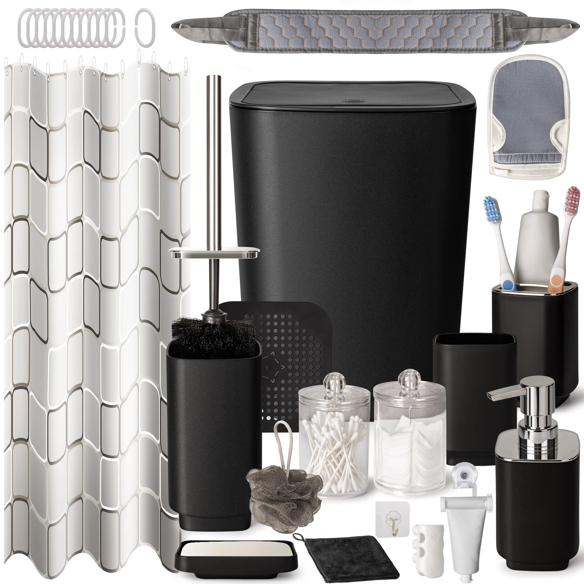 RAYCODED 29pcs, Bathroom Accessories Set, Bathroom Accessory Set with Trash Can, Bathroom Shower Curtain Sets, Shower Curtains for Bathroom Sets, Black Restroom Decor and Accessories