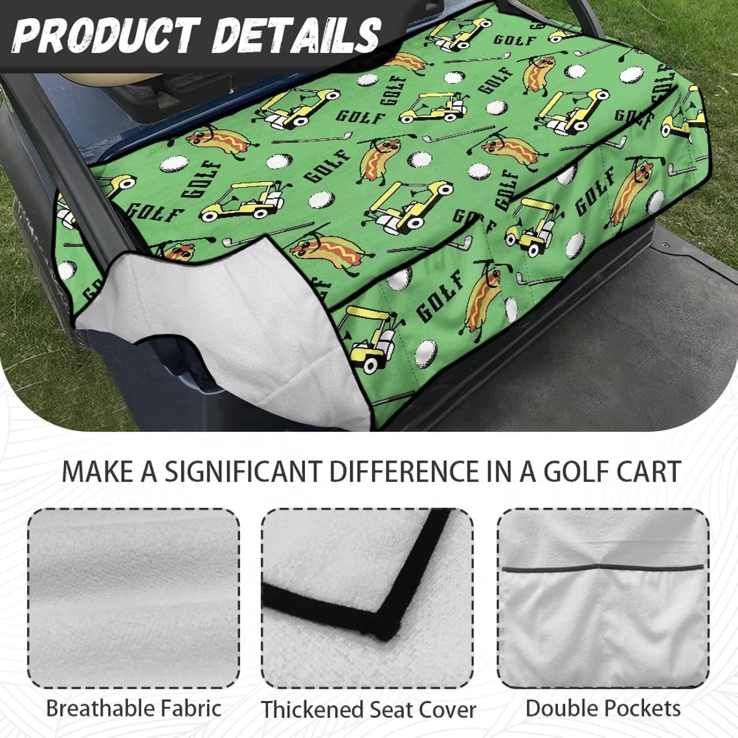 Biyejit Golf Cart Seat Covers, Universal Golf Cart Seat Towel Blanket with 4 Front Pockets for 2-Person Seats Golf Carts