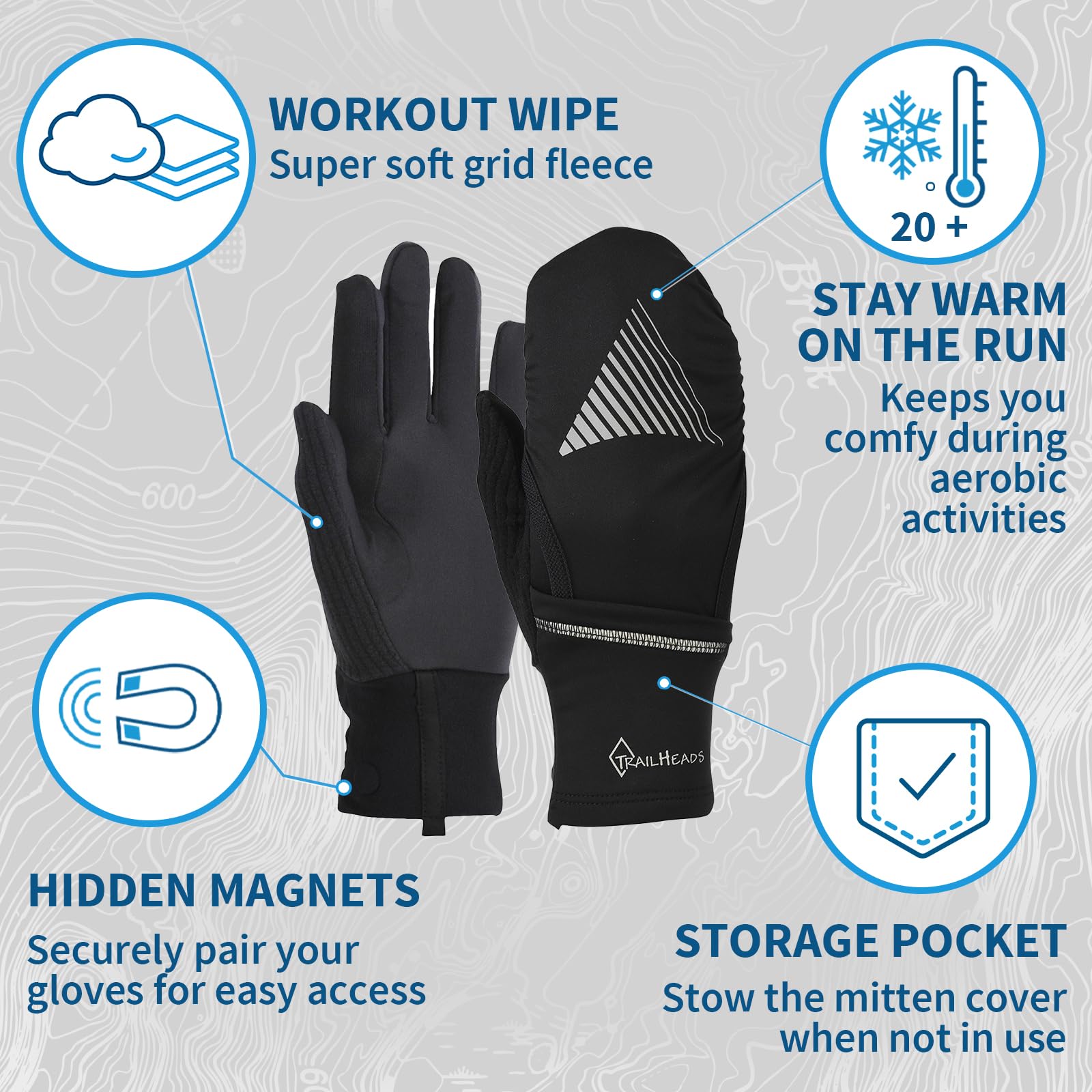 Guantes de pantalla táctil para mujer con carcasa reflectante impermeable - Guantes de correr convertibles invierno - Negro/Reflectante (Pequeño/Medio)
