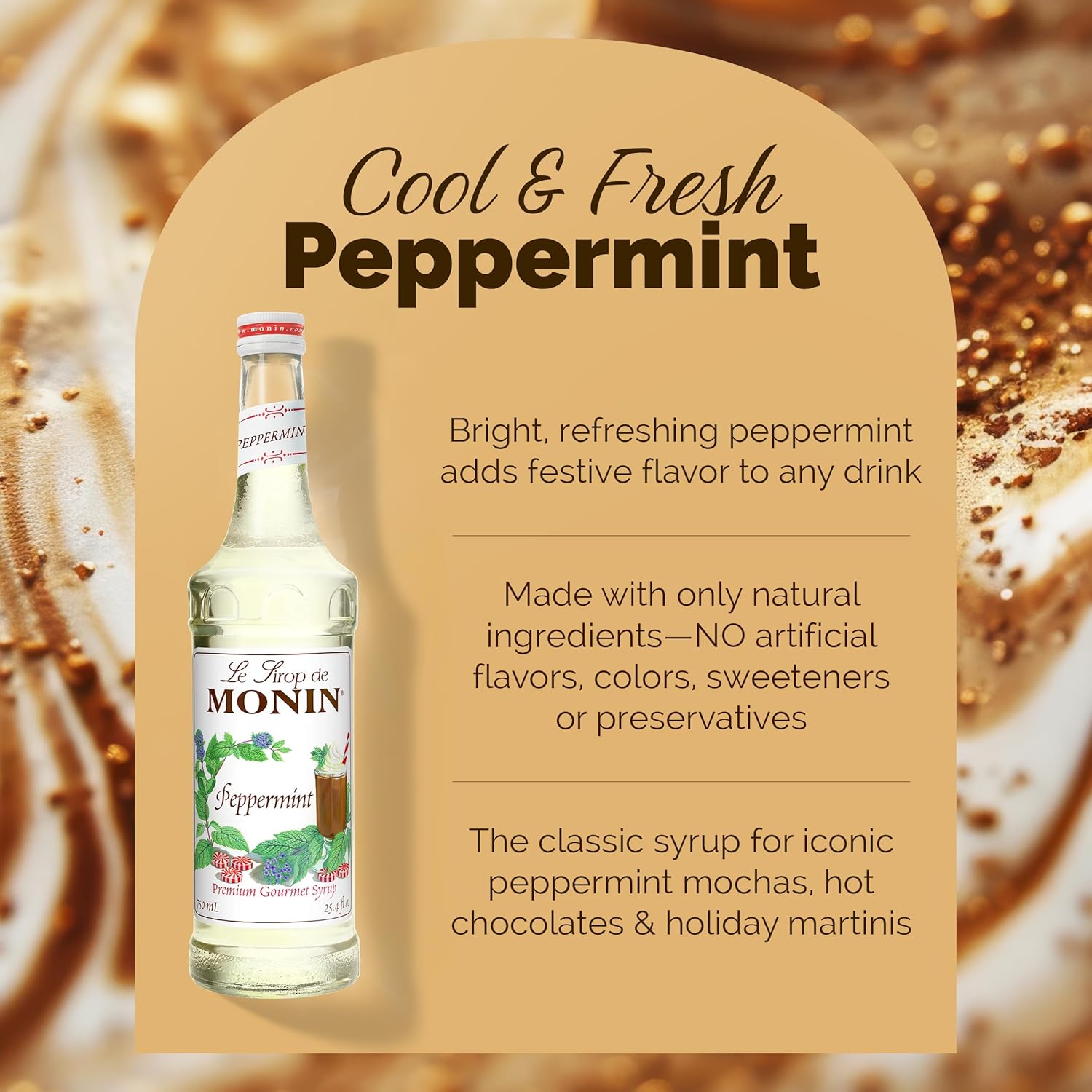 Monin - Peppermint Syrup, Cool Mint Flavored Syrup, Coffee Syrup, Natural Flavor Drink Mix, Simple Syrup for Cocoas, Mochas, Smoothies, Sodas, & More, Gluten-Free, Non-GMO, Clean Label (750 ml)