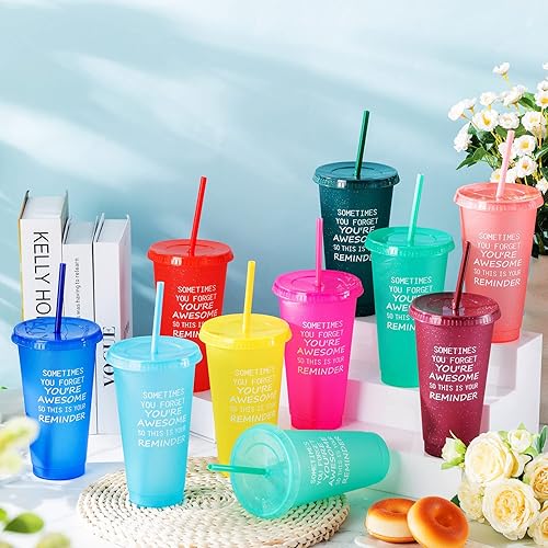 Miniatura 4 de Gerrii 20 vasos de plástico con purpurina y frase en inglés "Thank You Are Awesome Gifts You Are Awesome con popote y tapa", vaso de plástico con