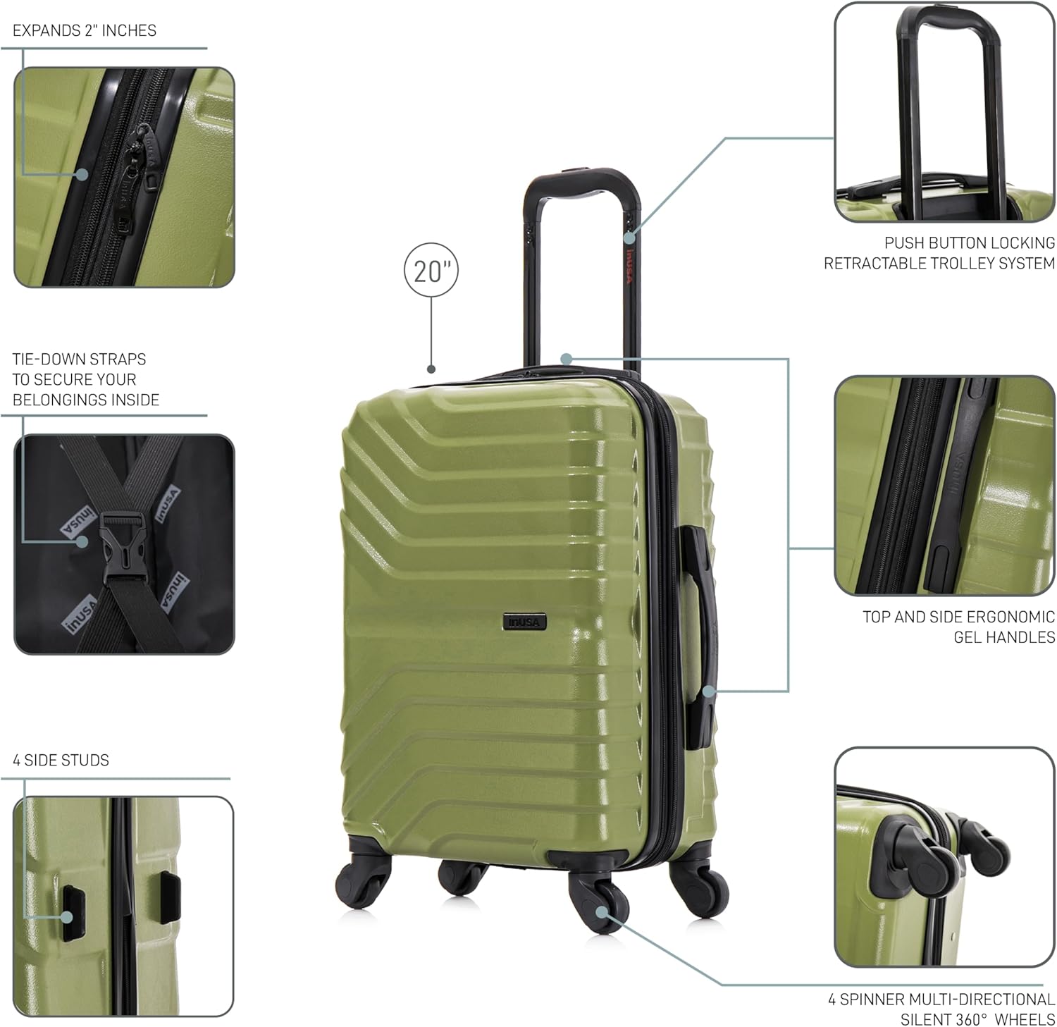 InUSA AURUM Hardside Luggage with Spinner Wheels | 20 in Durable Lightweight Carry on Suitcase for Travel | Zipper Clouser Suit Case with Gel Handles and Trolley | Green