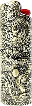 Metal Lighter Case Fits BIC Standard Full-Size J6 Lighter,Durable Holder Cover Compatible with BIC Lighters Dragon and Clouds Design in Bronze