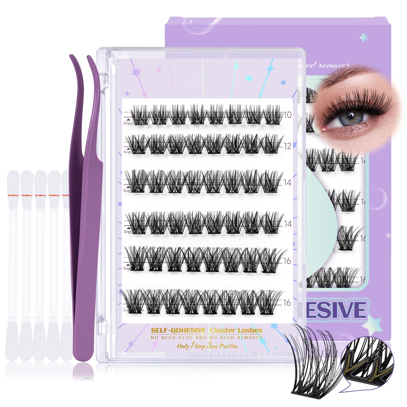 SA01-D 48 PCS Pre-Glued Cluster Lashes D Curl No Glue Eyelashes 10-16mm with Lash Tweezers 1 Step DIY Self Stick Easy to Apply