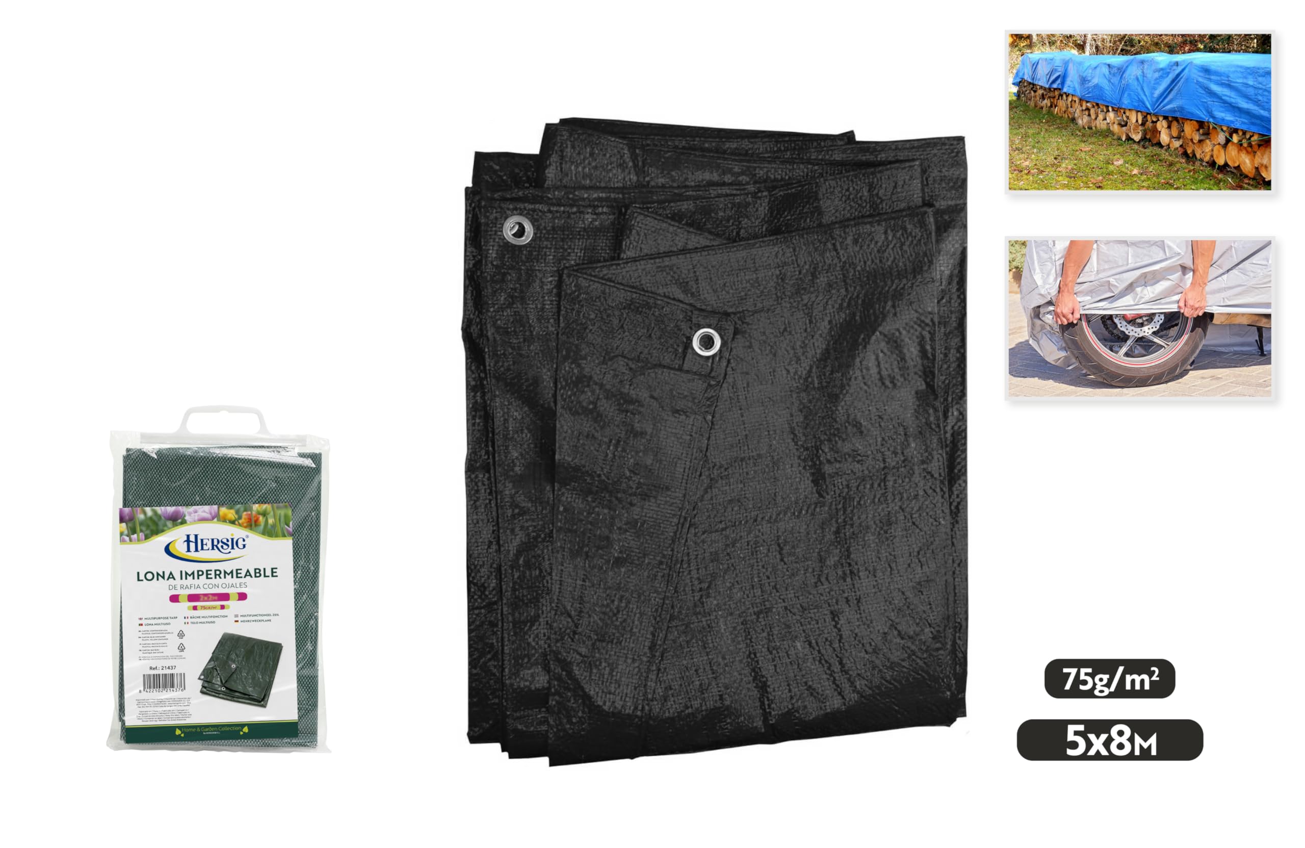 Hersig - Lona protección Impermeable | Cubierta Resistente Multiusos Color Negro 5x8m