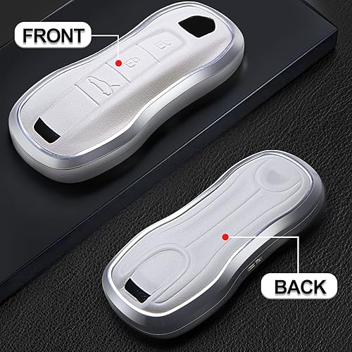 Miniatura 2 de Funda de piel plateada y aluminio para llave inteligente, compatible con Porsche 911 Cayenne Panamera TAYCAN con 3 botones sin llave, accesorio