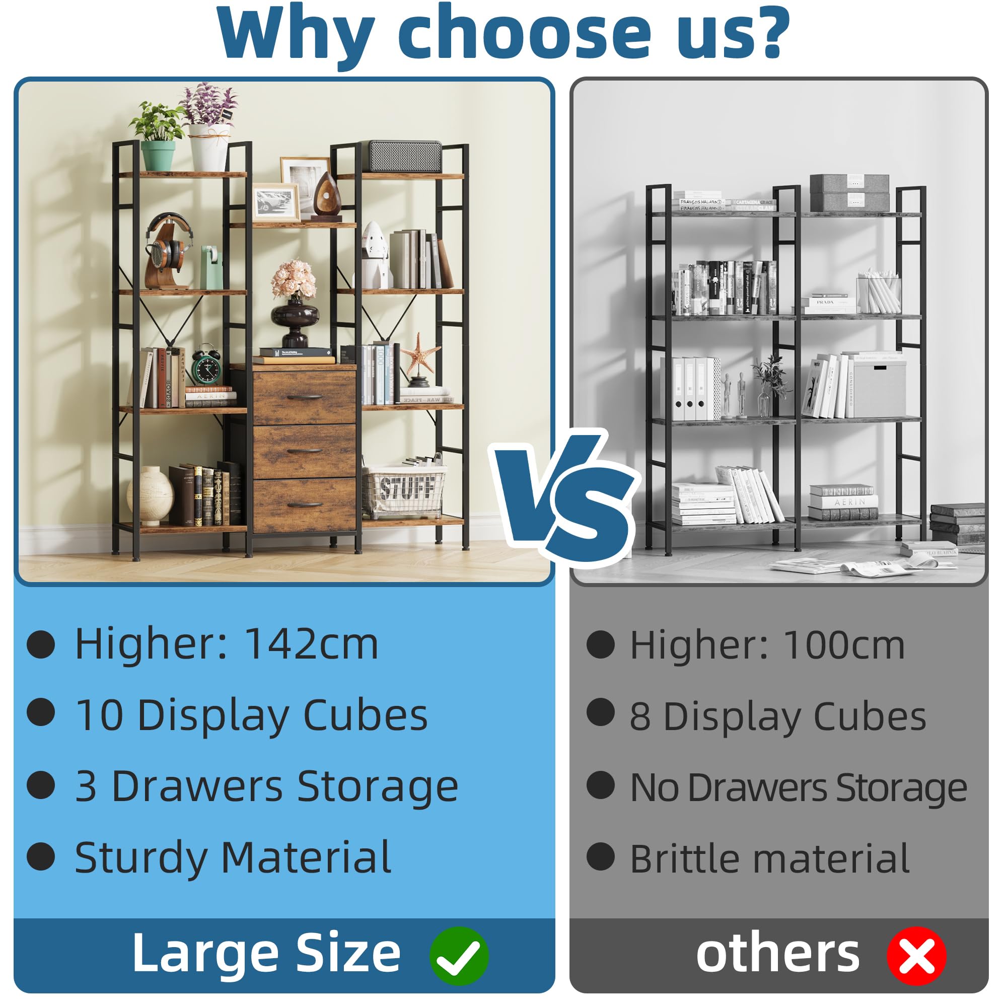 Libreria Estanteria de Alto 120W x142Hcm con 3 Cajones de Tela, Estanteria Libros de 4 Niveles, Estantería Grande de 120 cm de Ancho para Sala de Estar Dormitorio Estudiar Marrón Rústico