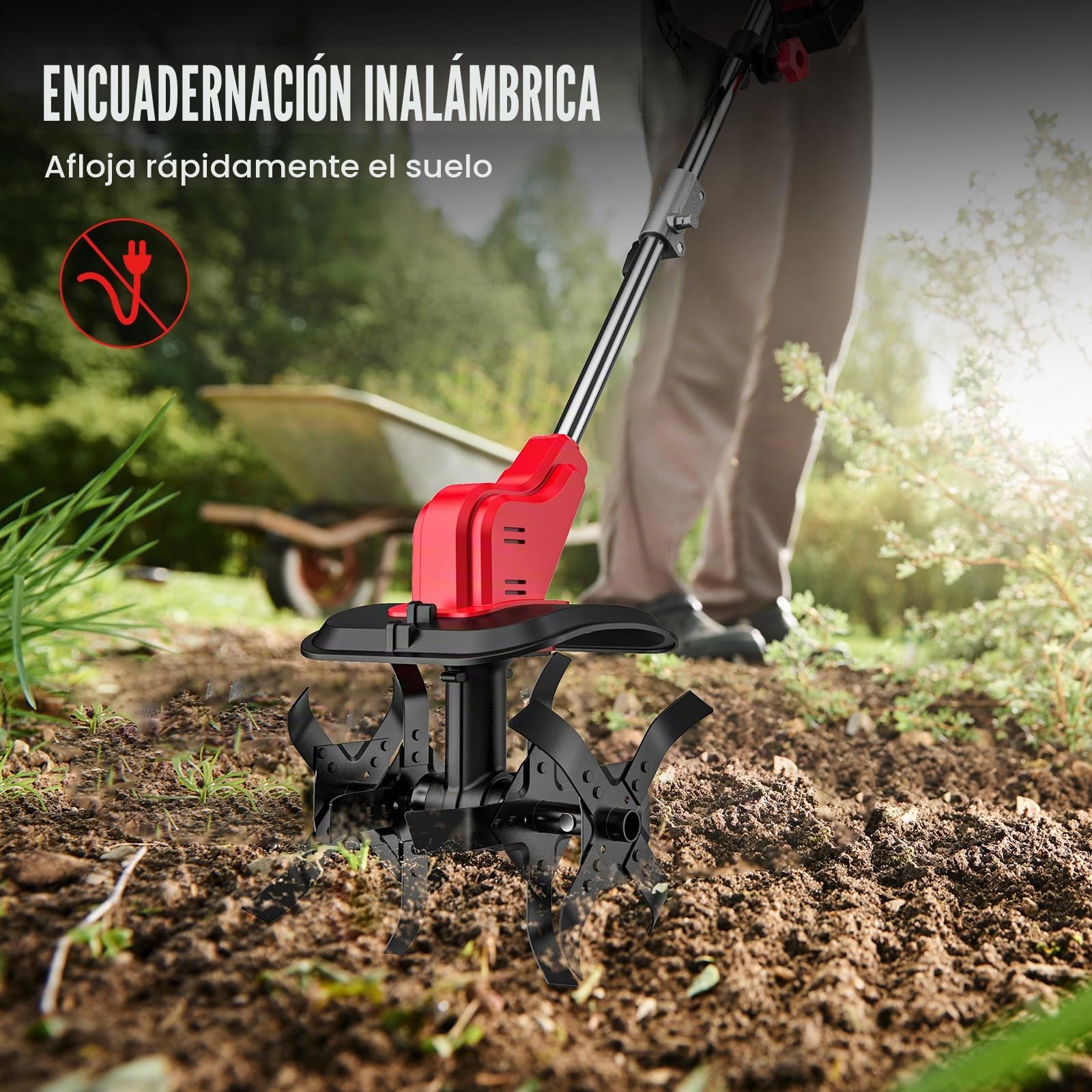 Motoazada Electrica 500W,Motoazada Batería Inalámbrica con 2 baterías,Doble Rueda y 4 Cuchillas Ancho de Trabajo de 30 cm Profundidad de 22 cm Indicador de Carga Cultivador de Jardín