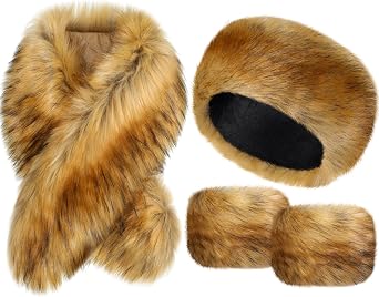 Ramede 3 Piece Faux Fur Collar Wrist Cuffs Headband with Stretch Snakeskin Print Winter Faux Fur Womens Neck Ear Arm Warmer Scarf Wrap for Women Accessories