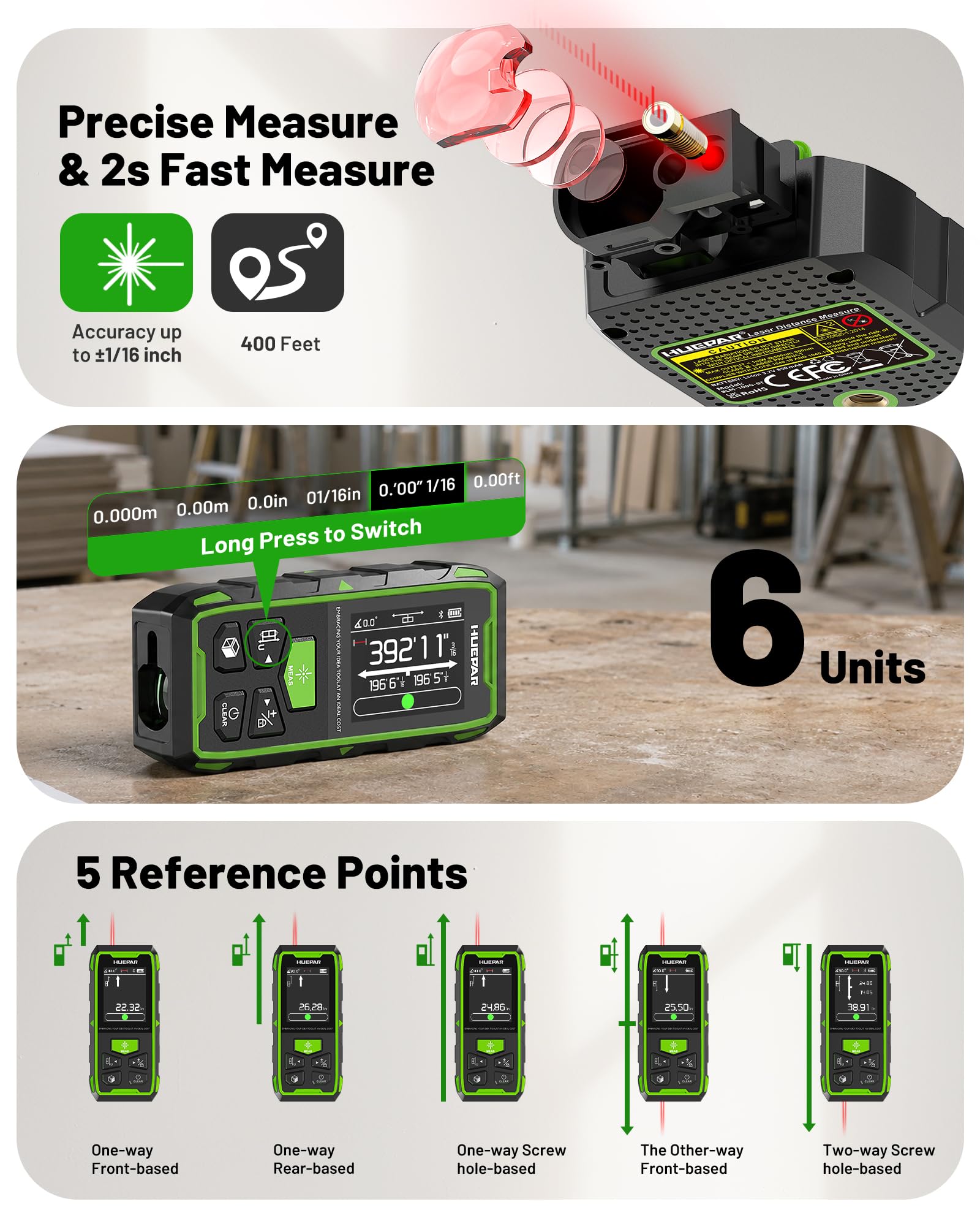 Huepar 2026 Upgraded Dual Laser Distance Meter, 656Ft, Phone App, USB-C — Amazon image 8