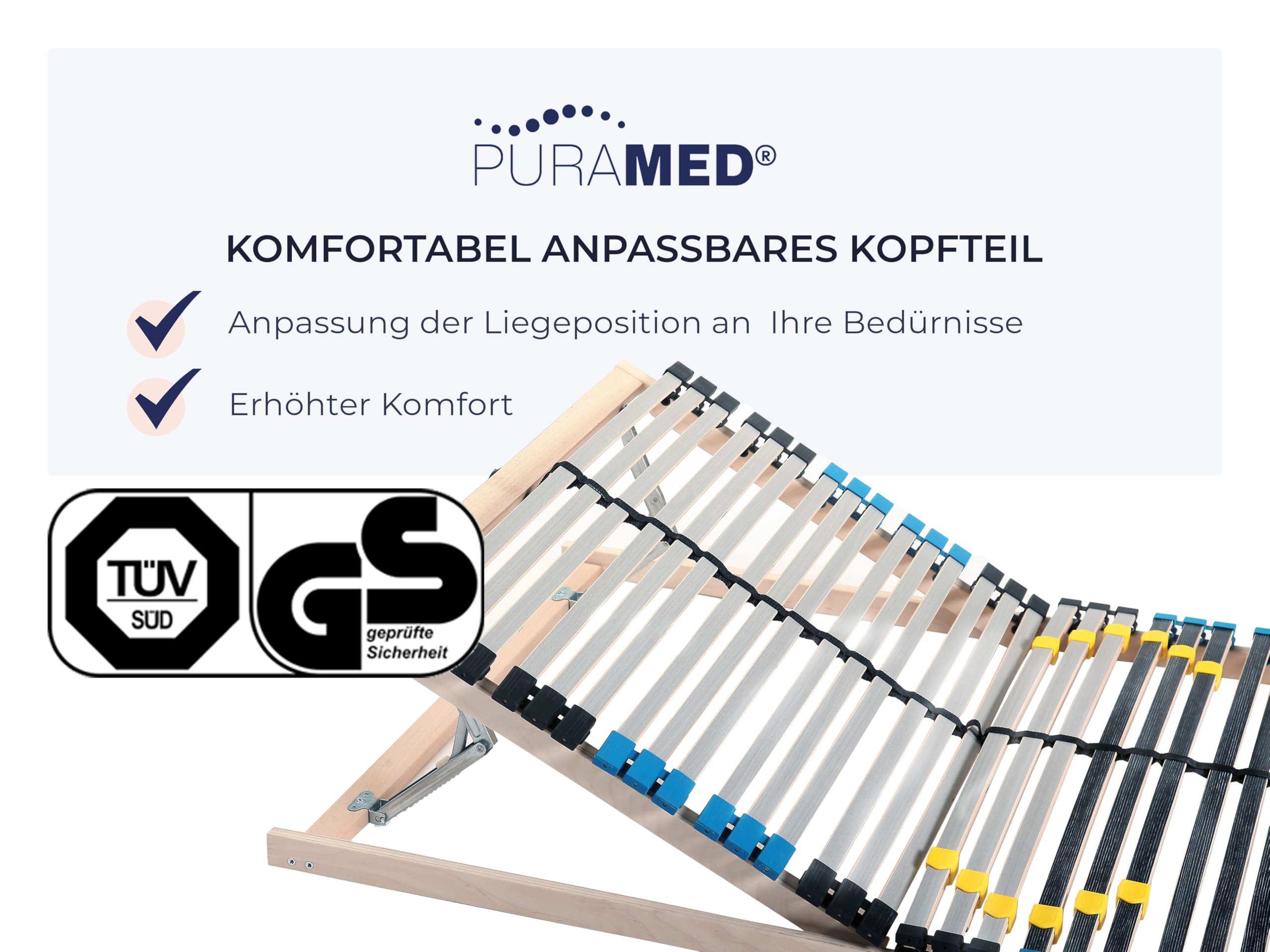 PURAMED Lattenrost Premium 42 | 140x200 cm | 7 Zonen | 6-fache Härteregulierung | 42 Federleisten | verstellbares Kopfteil | zur Selbstmontage