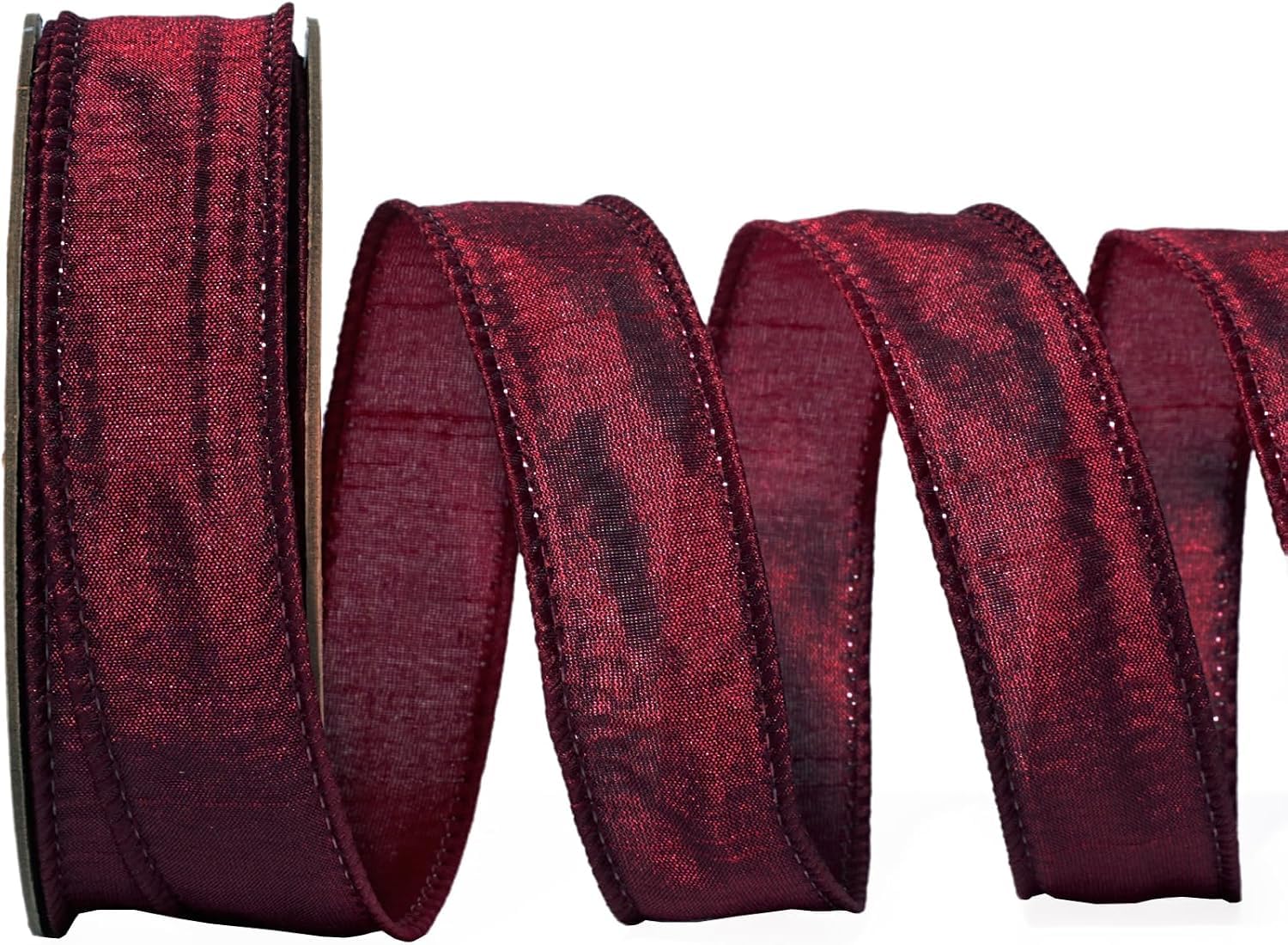 LaRibbons Burgundy Ribbon Wired Christmas Dupioni, 1" x 10 Yards