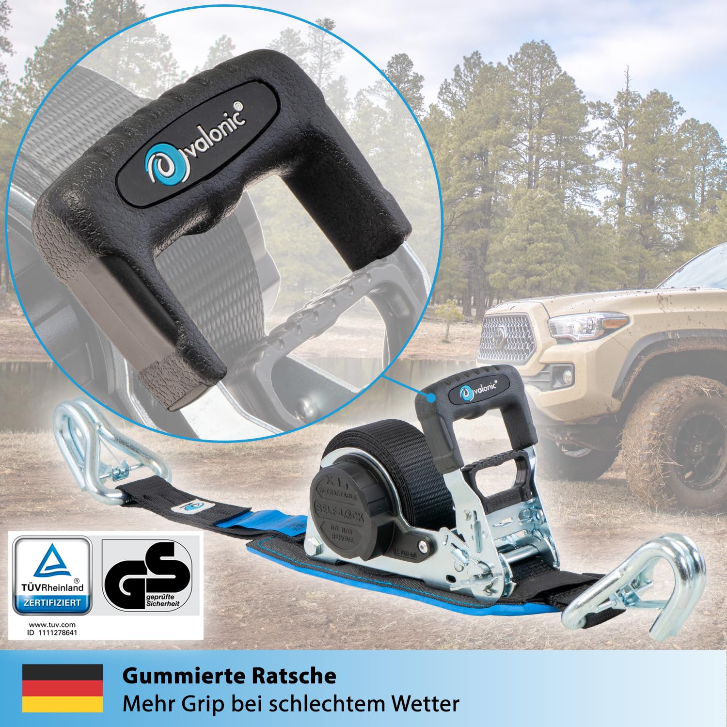 valonic Grizzly - 2X 5m XXL Automatik Spanngurt mit Haken, gepolstert, Blaue Fahne, 35mm, 800/1600Kg, TÜV Rheinl. / GS, EN 12195-2 - Spanngurte mit Ratsche, Zurrgurte für Motorrad, Auto, schwarz