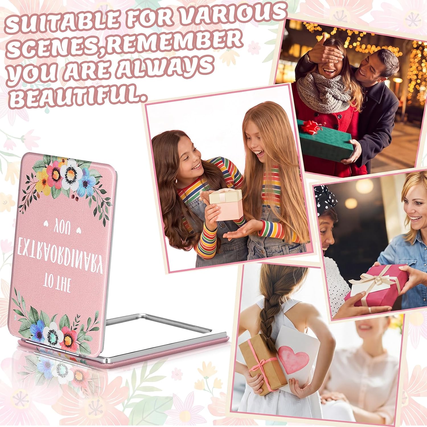 Panelee 8 Pcs Inspirational Compact Mirrors for Women Girls Square Floral Pocket Purse Mirrors Bulk Double Sided 1x/2x Portable Folding Mirror Gifts for Mom Coworker Employee Sisterhood Party Favor
