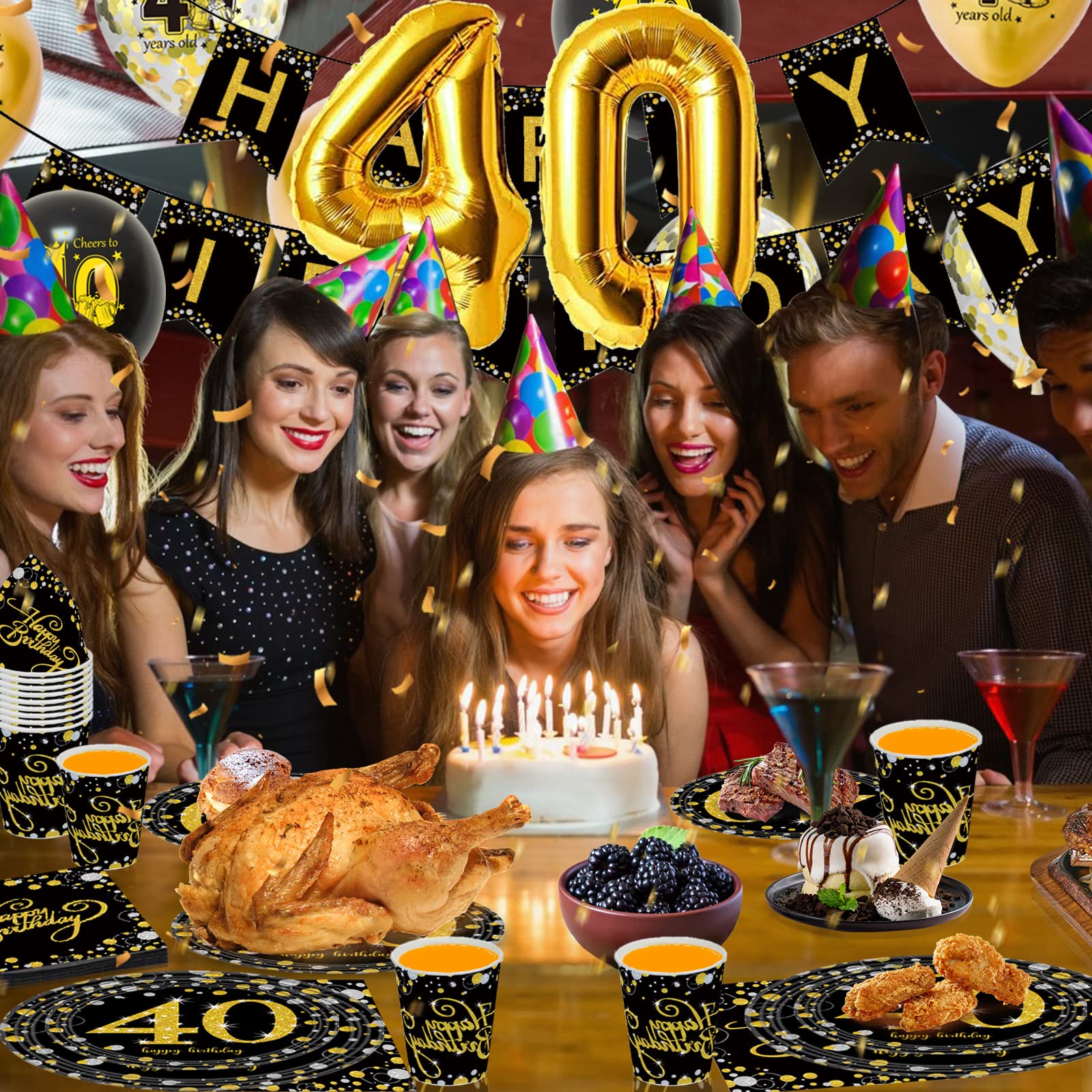 40. Geburtstag Party-Set Schwarz-Gold – Für 16 Gäste, Mit Tellern, Bechern, Ballons & Tischdecke
