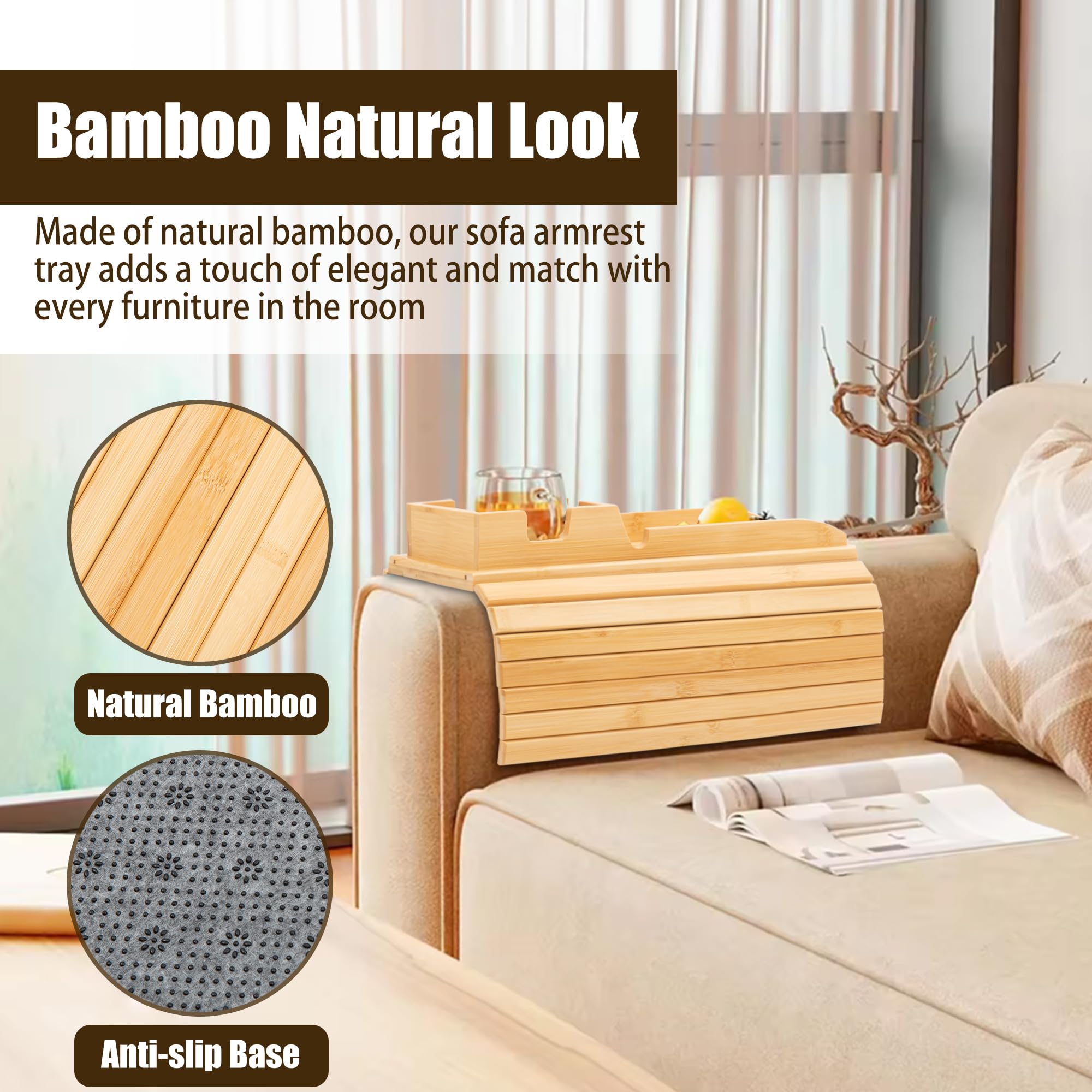 Bamboo Sofa Arm Tray – Clip-On Table With Cup Holders For Remote, Phone, & Snacks - View #9