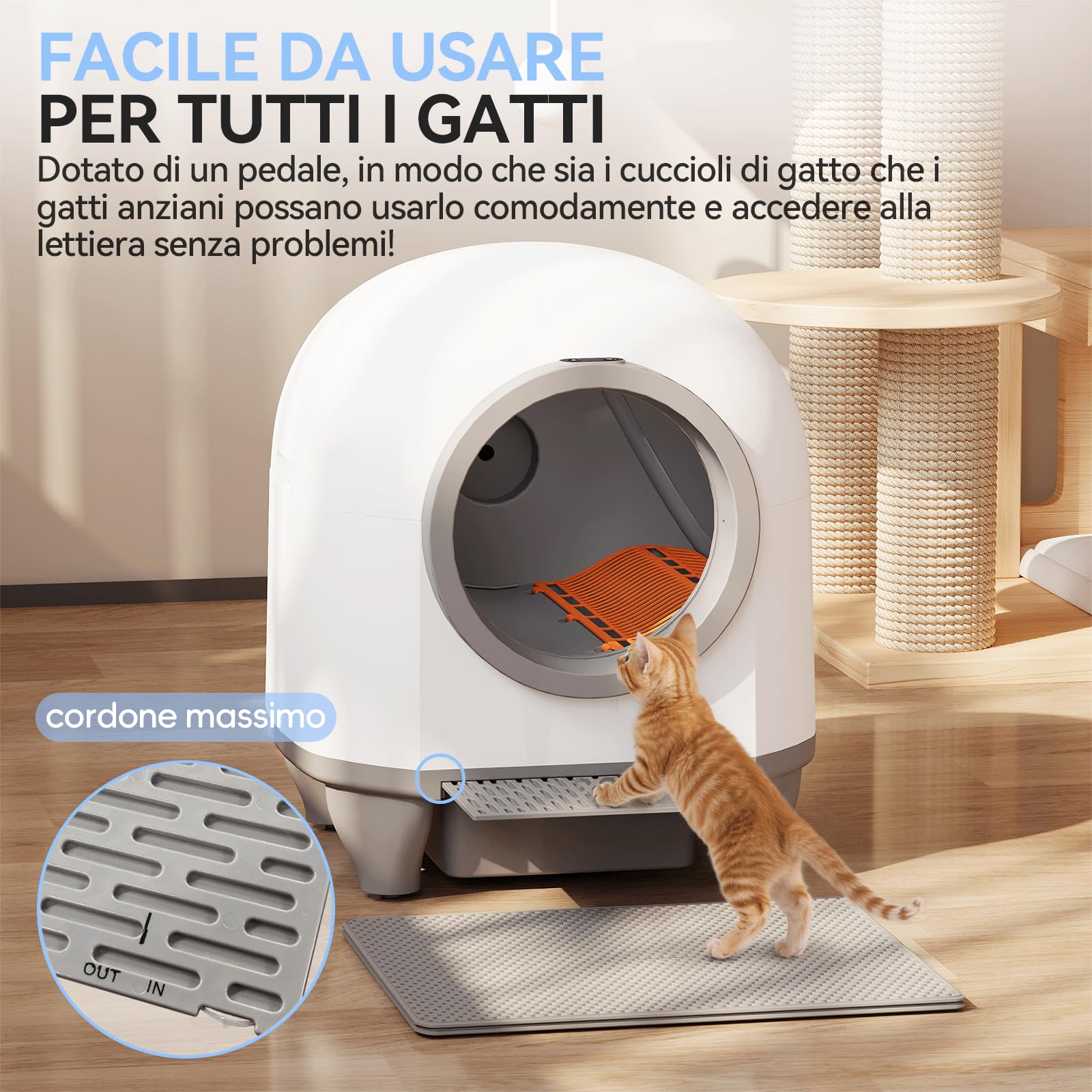 JUMMICO Lettiera Gatto Autopulente Antiodore， 90L lettiera autopulente per gatti xxl. Controllo APP cat litter box self cleaning con sensori, ingresso basso anti-intrappolamento/odore, per più gatti