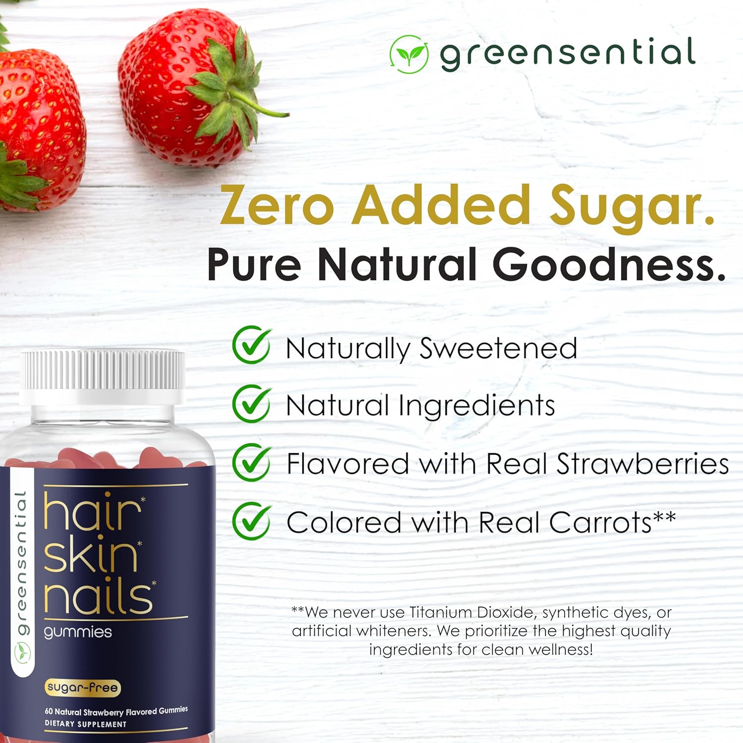 Greensential Sugar-Free Hair, Skin & Nails Gummies - Complete Vitamin Complex w/Natural Ingredients - Fuller Hair Support - No Artificial Colors, Natural Strawberry Flavor, Made in USA, 60 Ct