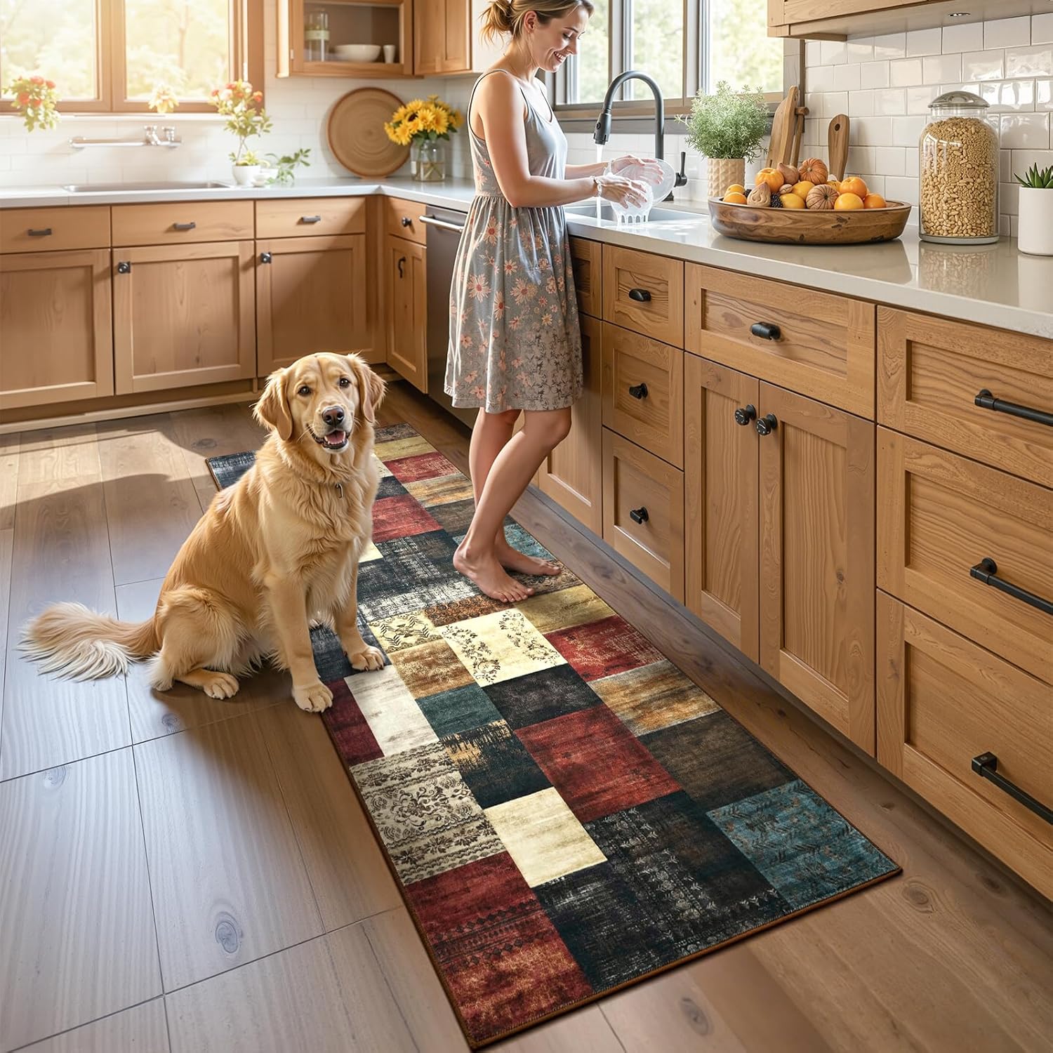 DweIke Runner Rug for for Hallways, 2'x6' Washable Kitchen Rugs with Non Slip Rubber Backing, Soft Low Pile Non-Shedding Geometric Carpet for Laundry Bedroom Bathroom, Colorful