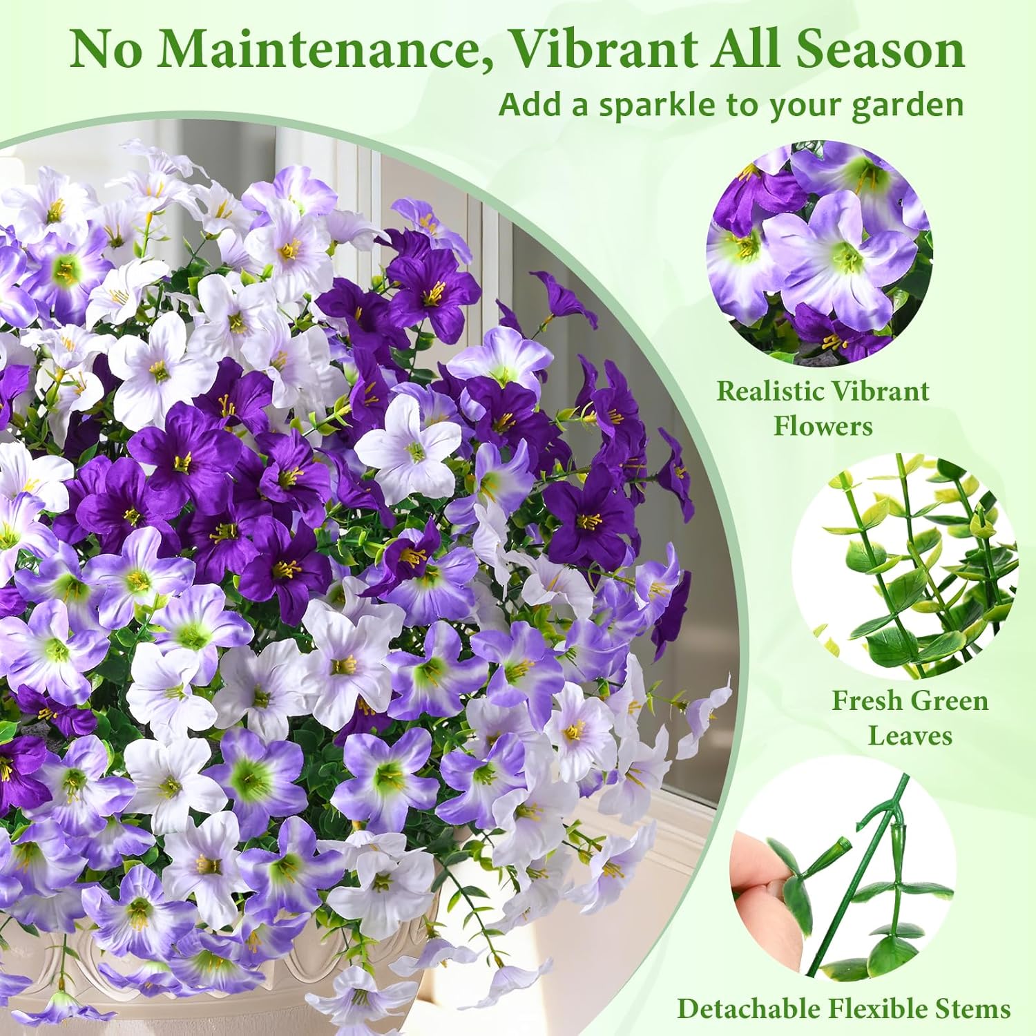 MARTINE MALL 24 Bundles Look Real Artificial Flowers for Outdoors, Realistic Fake Outdoor Flowers, UV Resistant Silk Petunia Flowers for Outside Faux Flowers for Outdoor Garden, Mixed Purple