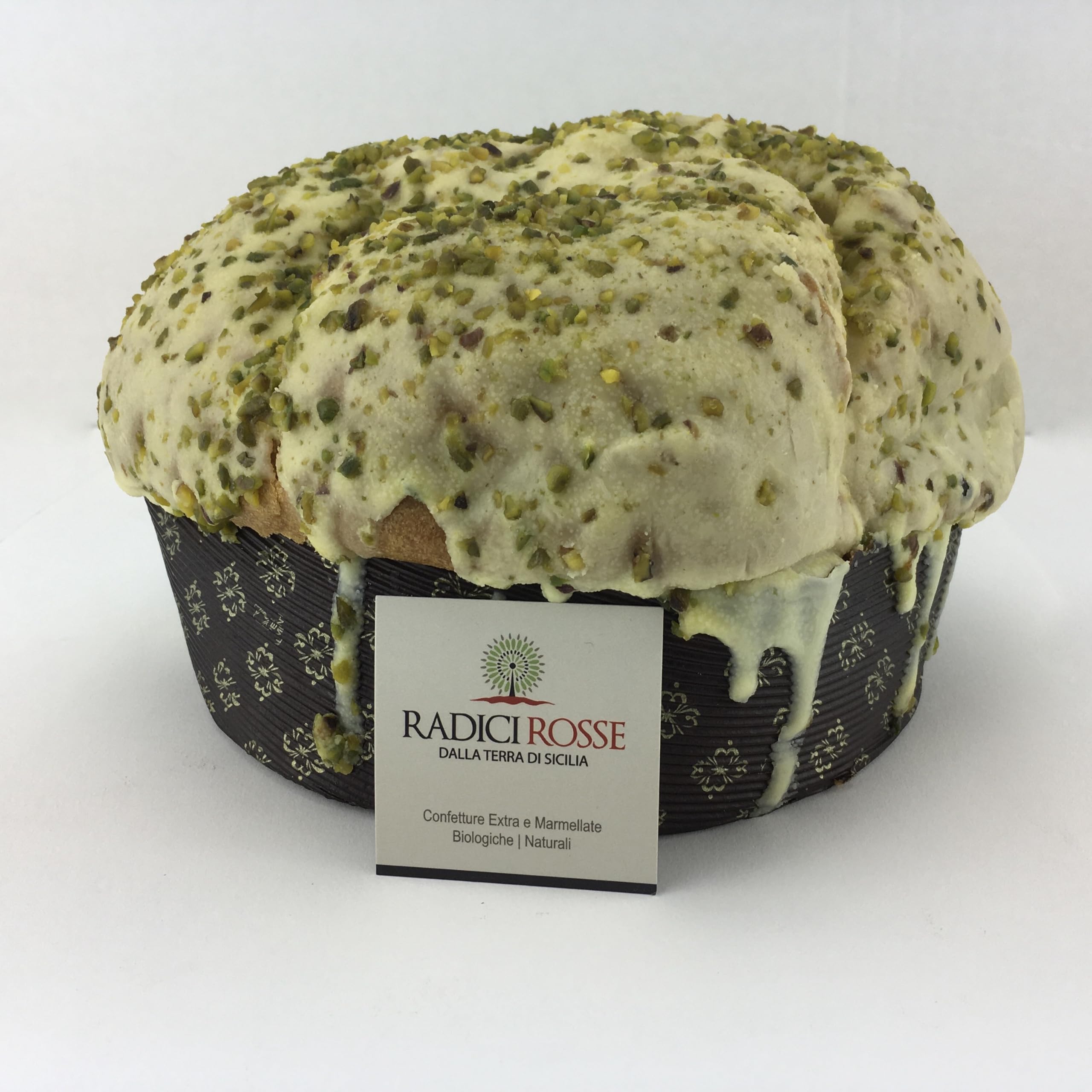 Panettone à la pistache glacée chocolat blanc et grain de pistache avec pot de crème de pistache, poids total 1 kg