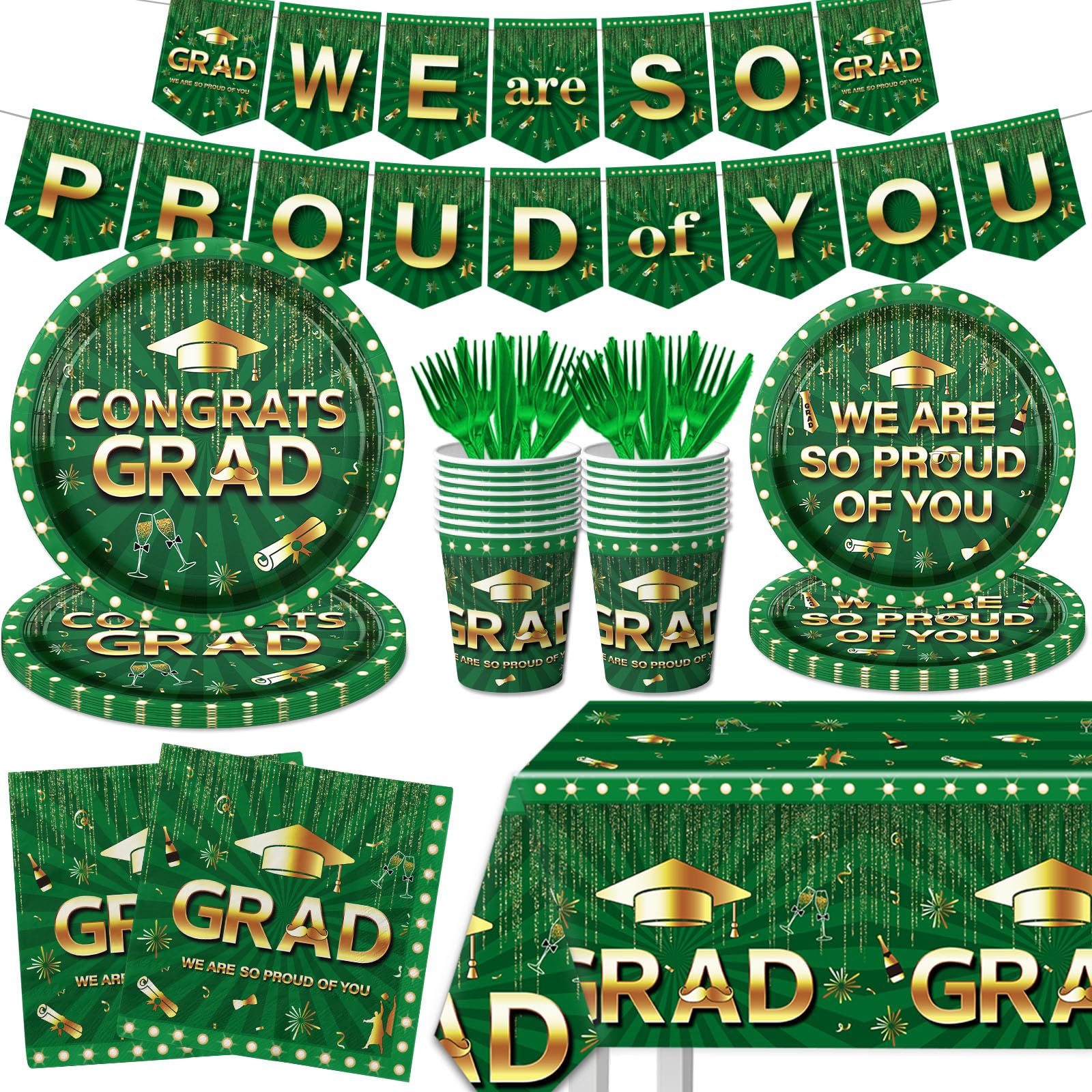 Green Gold Graduation Party Supplies Tableware Set, 142pcs 2026 Graduation Decorations Green Graduation Plates and Napkins, Congrats Grad Banner,