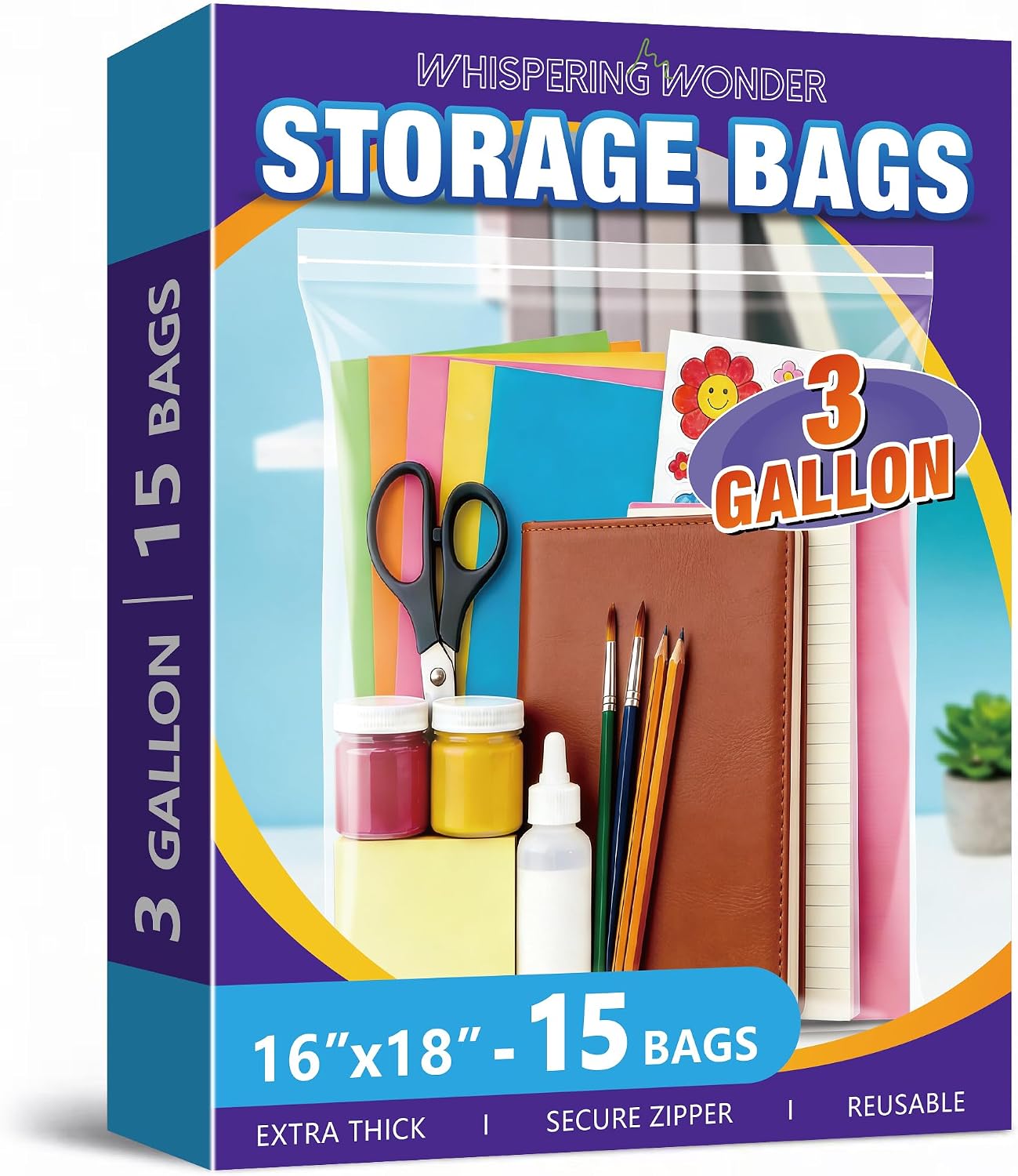 3 Gallon Zippered Plastic Storage Bags, 16" x 18" Clear Reusable Bags, 2-Mil Thick, For Clothes, Travel, Moving & Organizing, 15 Packs