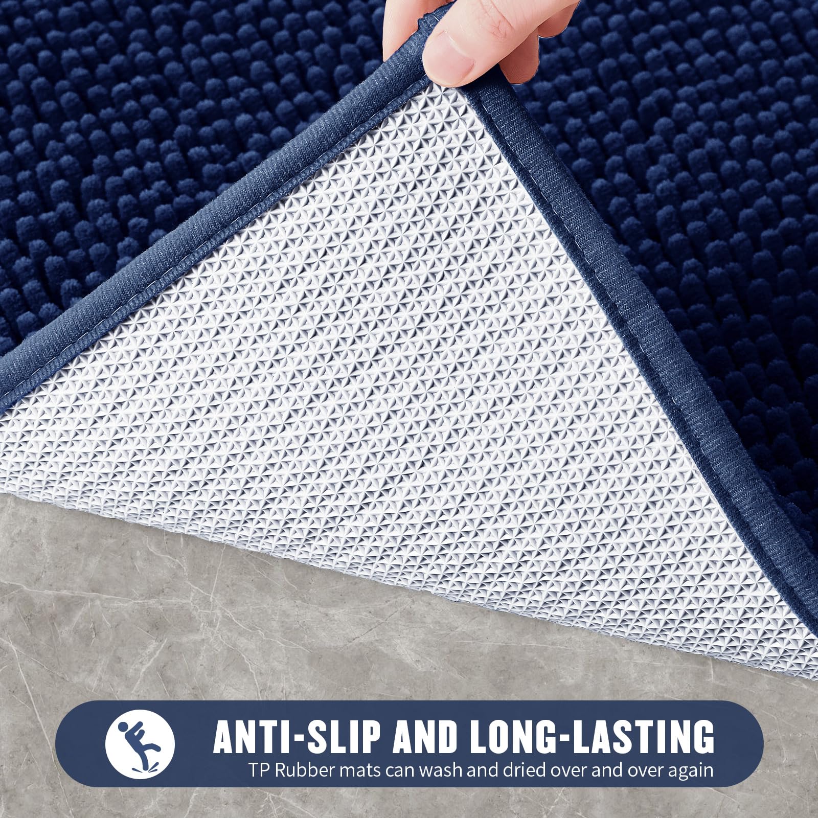 MitoVilla Lot de 2 tapis de salle de bain en chenille extra doux et absorbant - Tapis de sol antidérapant et épais à poils longs - 50,8 x 81,3 cm - Bleu marine