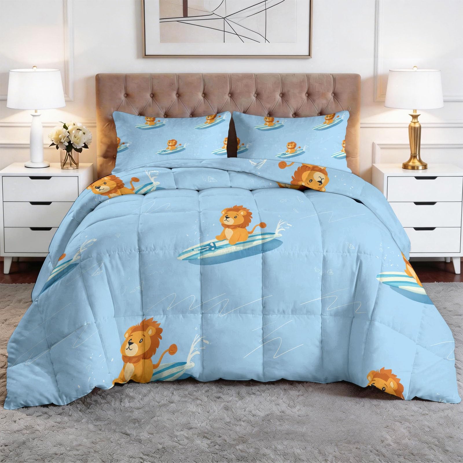Generisch Surfender Löwe Bettdecke 155 x 220 cm 4 Jahreszeiten Steppdecke, Cartoon-Tiere Waschbare Ganzjahresdecke Jungen Bettwaren Set Jungenzimmer Kinderzimmer Bettdecke Ohne Bezug