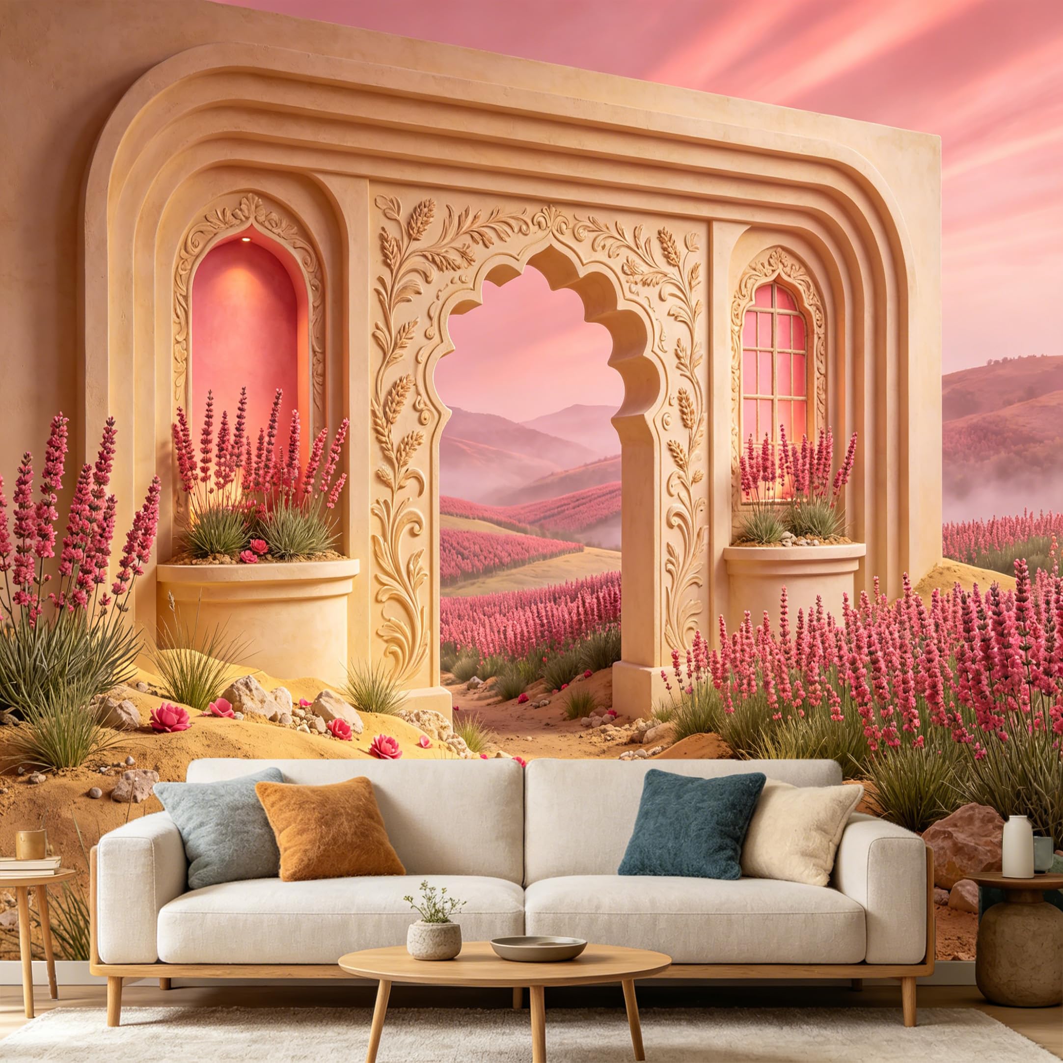Custom Size Wall Mural， 3D Archway Mediterranean Lavender Field Landscape， SelfAdhesive Art Prints wall Fabric Removable Large Wallpaper Home Living Room Decor
