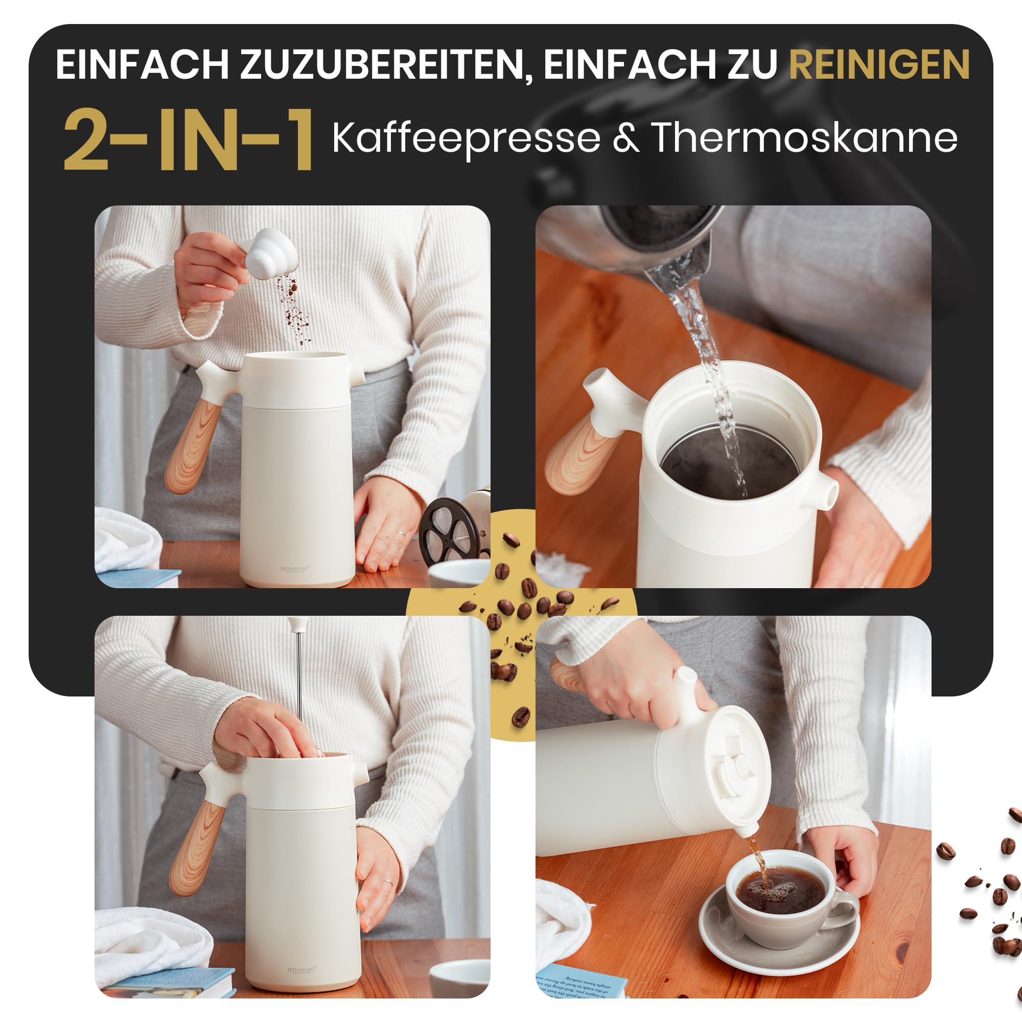 HEEMBURG Thermo French Press 1L (8 Tassen) | Premium Edelstahl Kaffeepresse & Teebereiter | 6h Doppelwandige Isolierung | inkl. Ersatzfilter & Bambuslöffel Geschenkset | Zuhause, Büro & Camping – Weiß