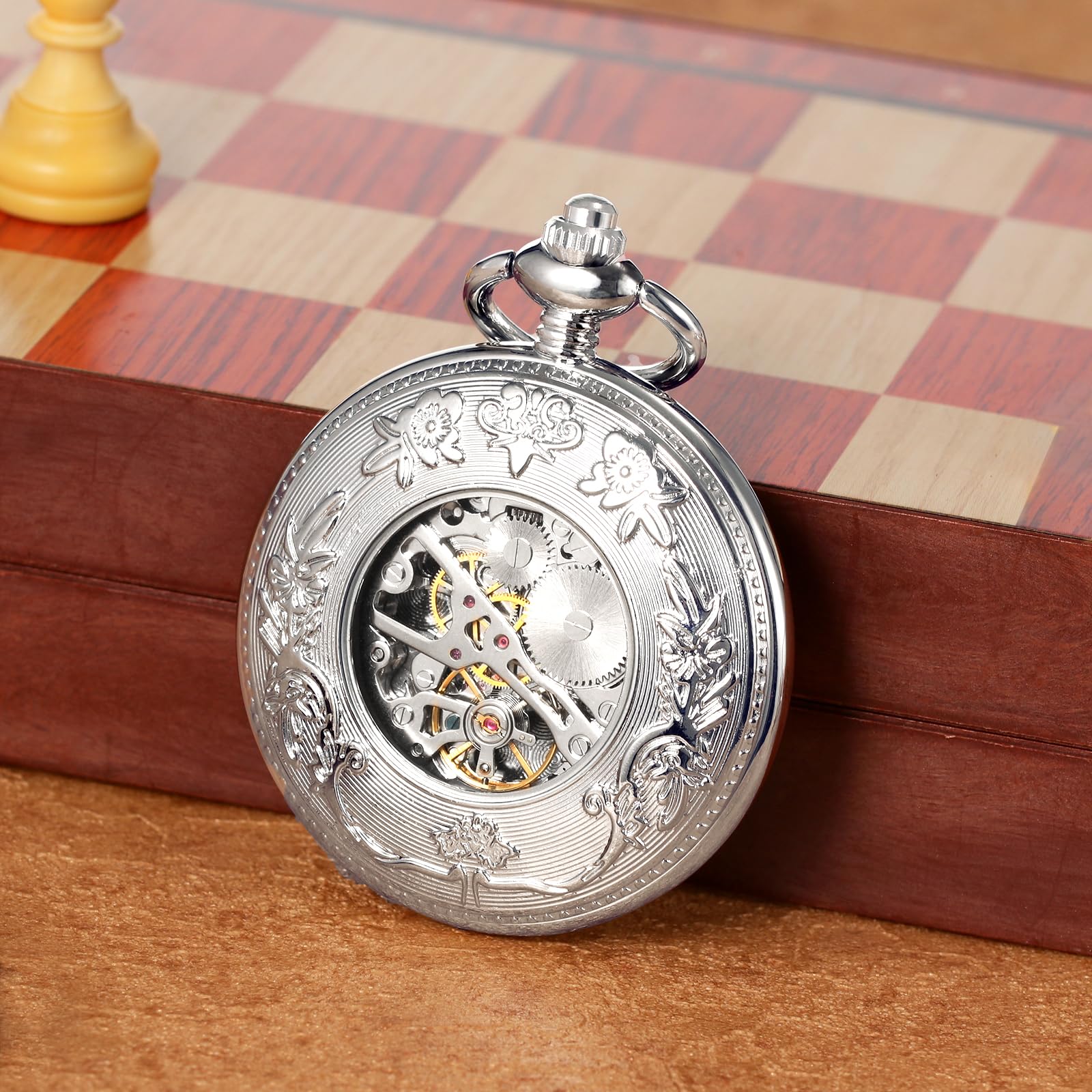TREEWETO Antique Mens Pocket Watch Skeleton Mechanical Hollow Bronze Case 3D Steam Train Railroad Roman Numerals