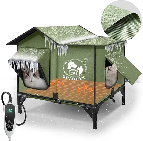 GOLOPET Indestructible Large Heated Cat House for Outside Winter,21x17x17 inch with an Intelligent Controller,100% Waterproof,Safe Escape Door and Elevated Design,with Heater