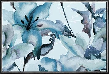 bestdeal depot Framed Canvas Print Wall Art Watercolor Blue Peonies Floral Plants Illustrations Impressionism Rustic Group Relax/Calm Ultra for Living Room, Bedroom, Office - 16"x24" BLACK