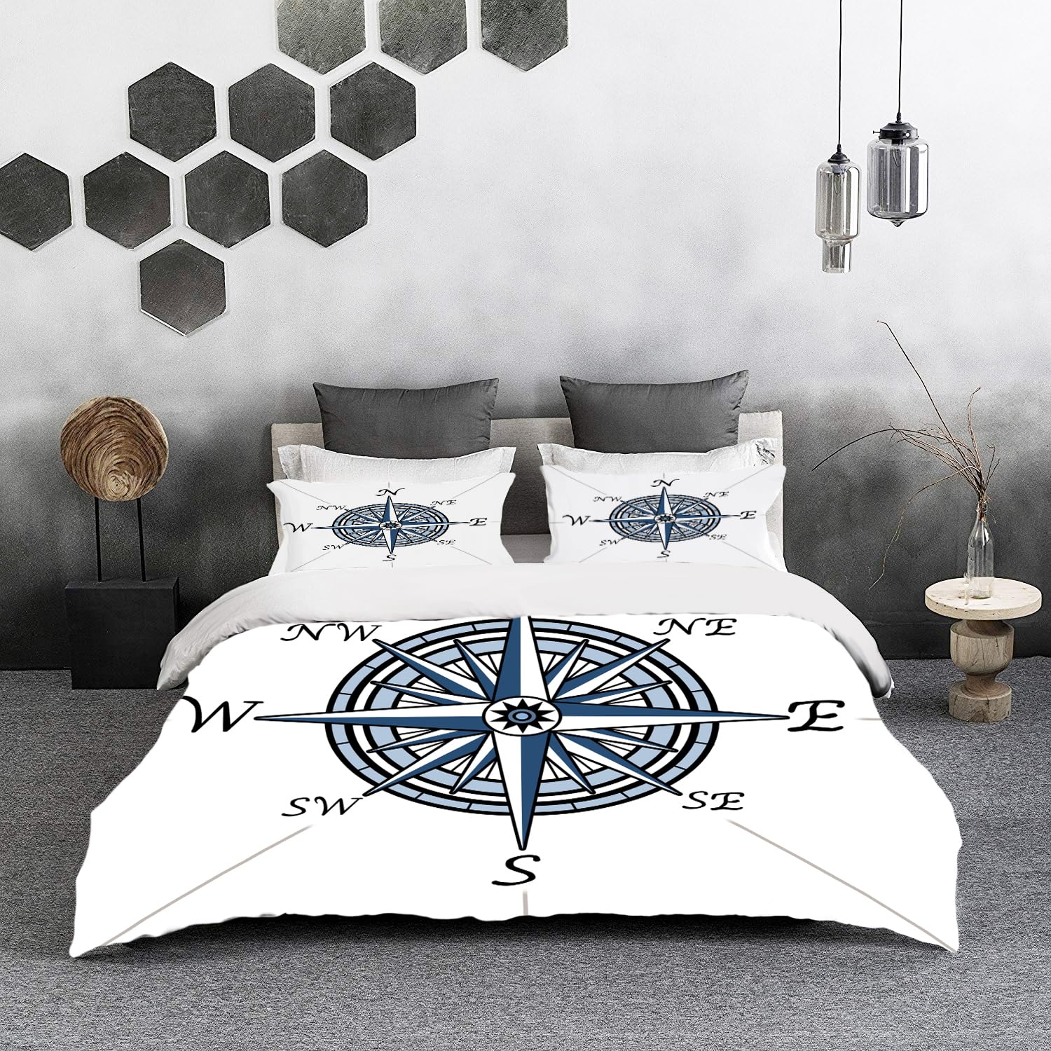 Set Copripiumino 135x200 Cm Con Federe, Motivo Vintage Squame Di Pesce Stampa Doppia Faccia, Microfibra Spazzolata, Cerniera Nascosta E Nastri Angolari