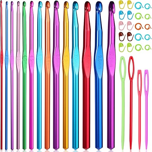Miniatura 1 de UzecPk Juego de ganchos de ganchillo, agujas de tejer con mango de aluminio de 14 tamaños para manos artríticas, agujas de ganchillo con marcador de