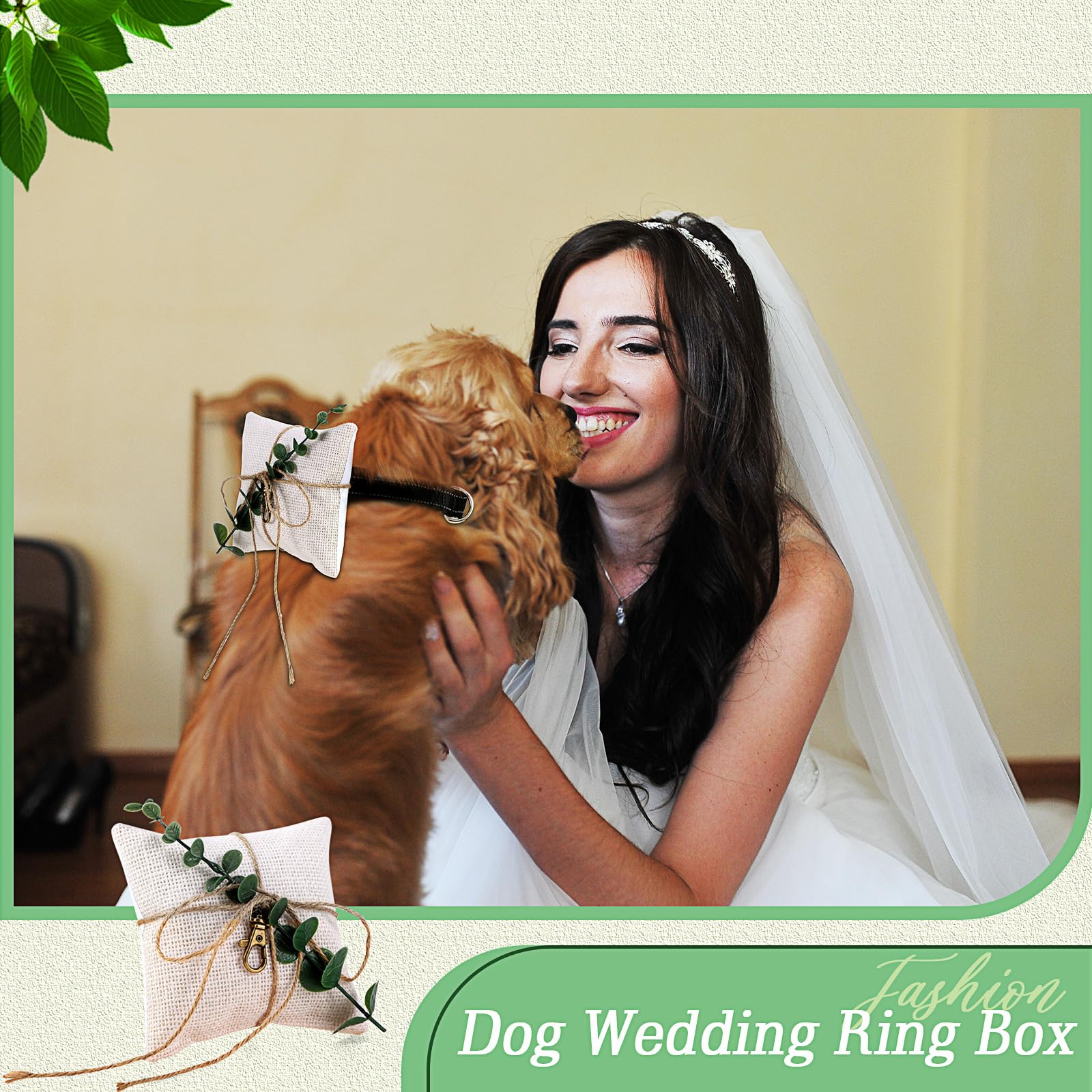 Yunlly Ringkissen für Hunde, mit Ringverschluss, 12,7 x 12,7 cm, weißes Hochzeitsringkissen mit grünem Haustierzubehör