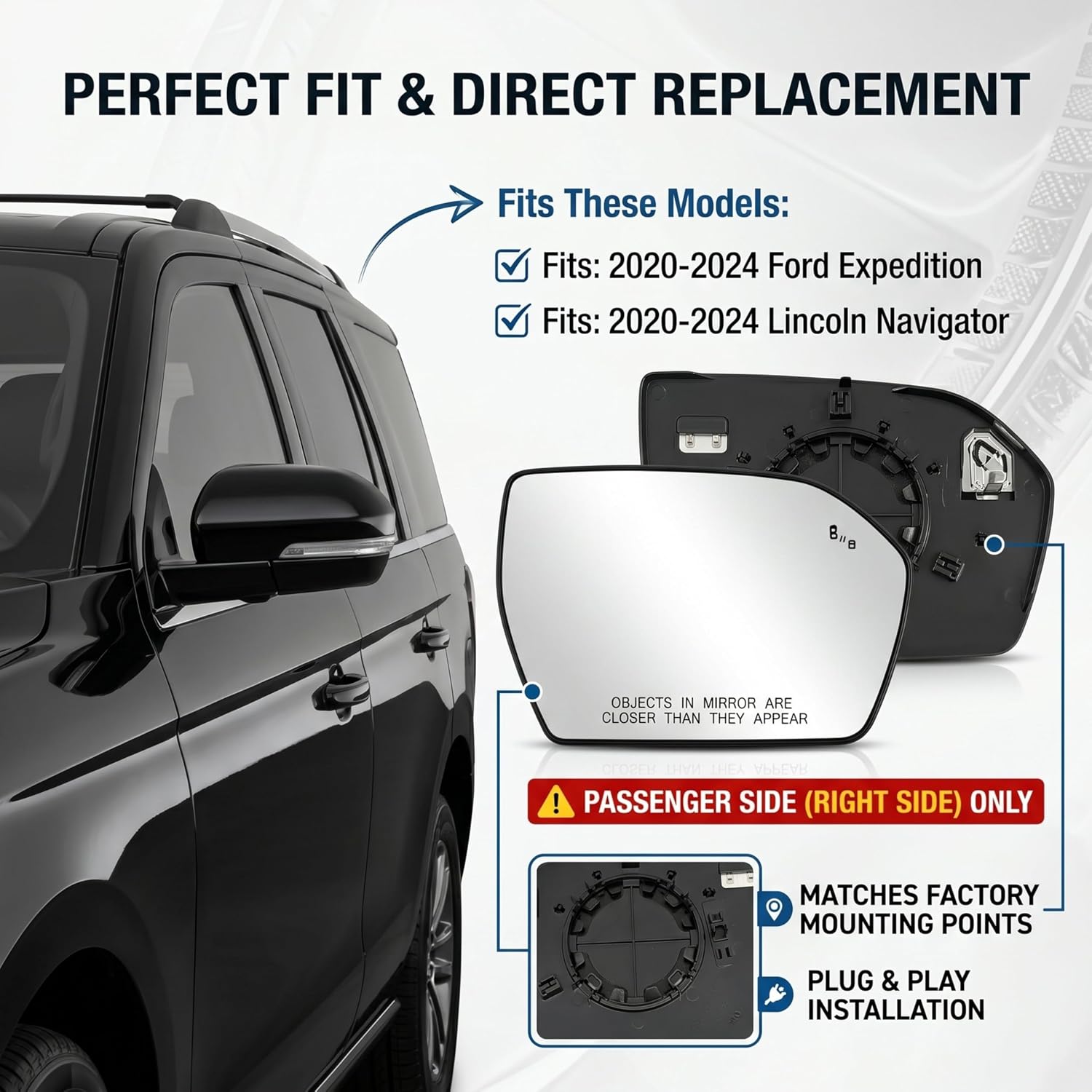 Passenger Side Mirror Glass Replacement for 2020-2024 Ford Expedition & Lincoln Navigator, Right Side View Mirror Glass with Power Heated & Blind Spot Detection (Passenger Side Mirror Glass)