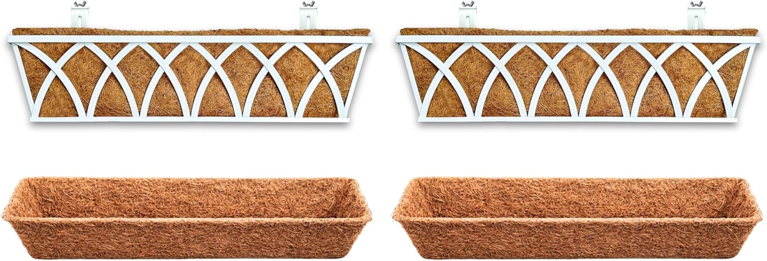 LaLaGreen Bundle- 2 Pack, 36 Inch White Metal Basket with Coco Liner + 2 Pack, 24 Inch Coconut Coir Insert Rectangular Hanging Horse Trough Herb Plants Outdoor Planters with Bracket Rail Balcony Patio