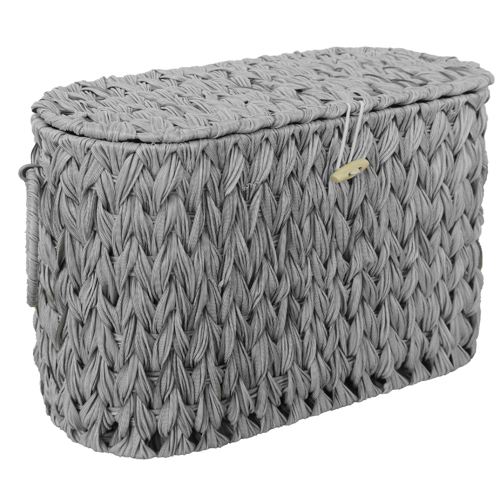 Cesta de Papel higiénico con Tapa, Cesta de Mimbre for organizadores y Almacenamiento de baño, Capacidad for hasta 6 megarollos(Grey)