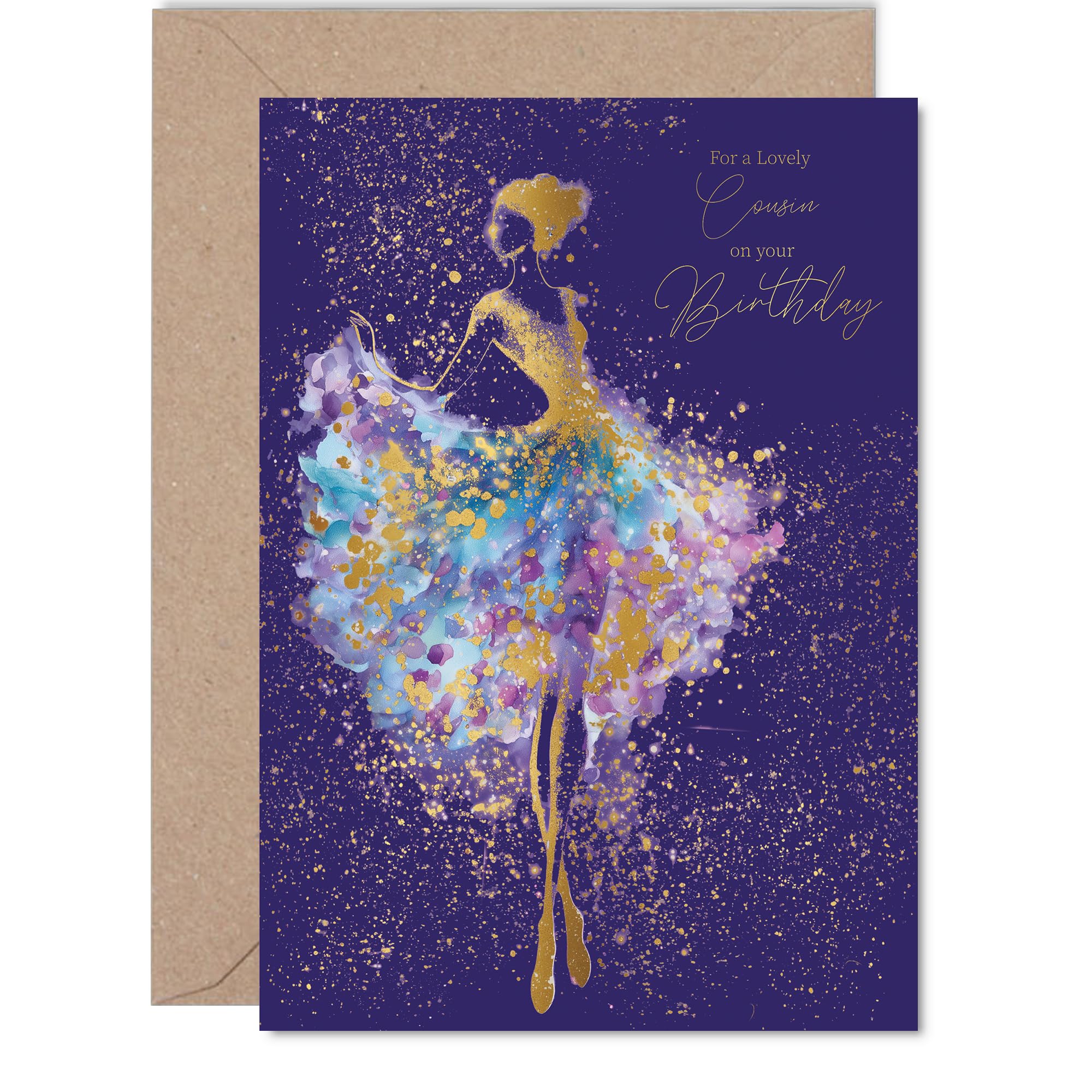 Gold Cousin Birthday Card - Dancing Ballerina - Happy Birthday Card for Cousin from Family Relative, 5x7 Inch Golden Luxury Elegant Silhouette Bday Greeting Cards