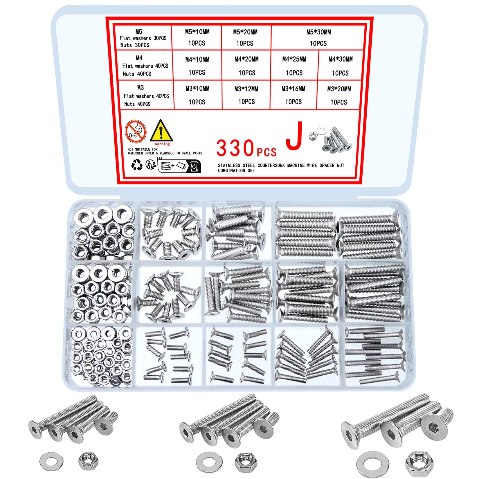wugongshan 330 Set assortito di viti a testa piatta esagonale incassata e dadi e rondelle, M3 M4 M5 Viti in acciaio inossidabile e viti maschio Testa svasata Dadi e rondelle
