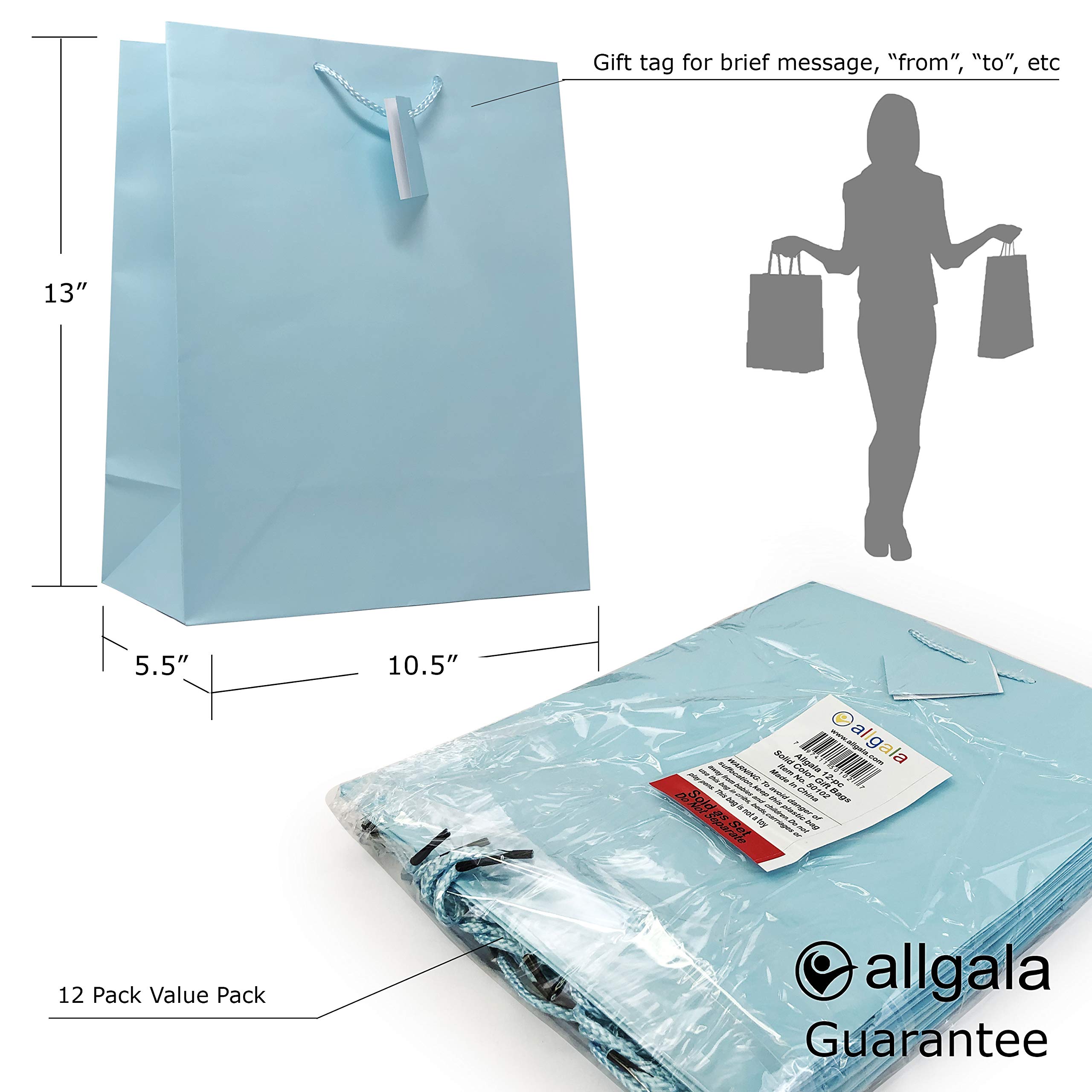 allgala Gift Bags, 12 Pack 13x10x5.5 Inch Large Light Blue Gift Bags with Handles for Birthday, Wedding, Party Supplies, Baby Shower, Holidays, Chirstmas