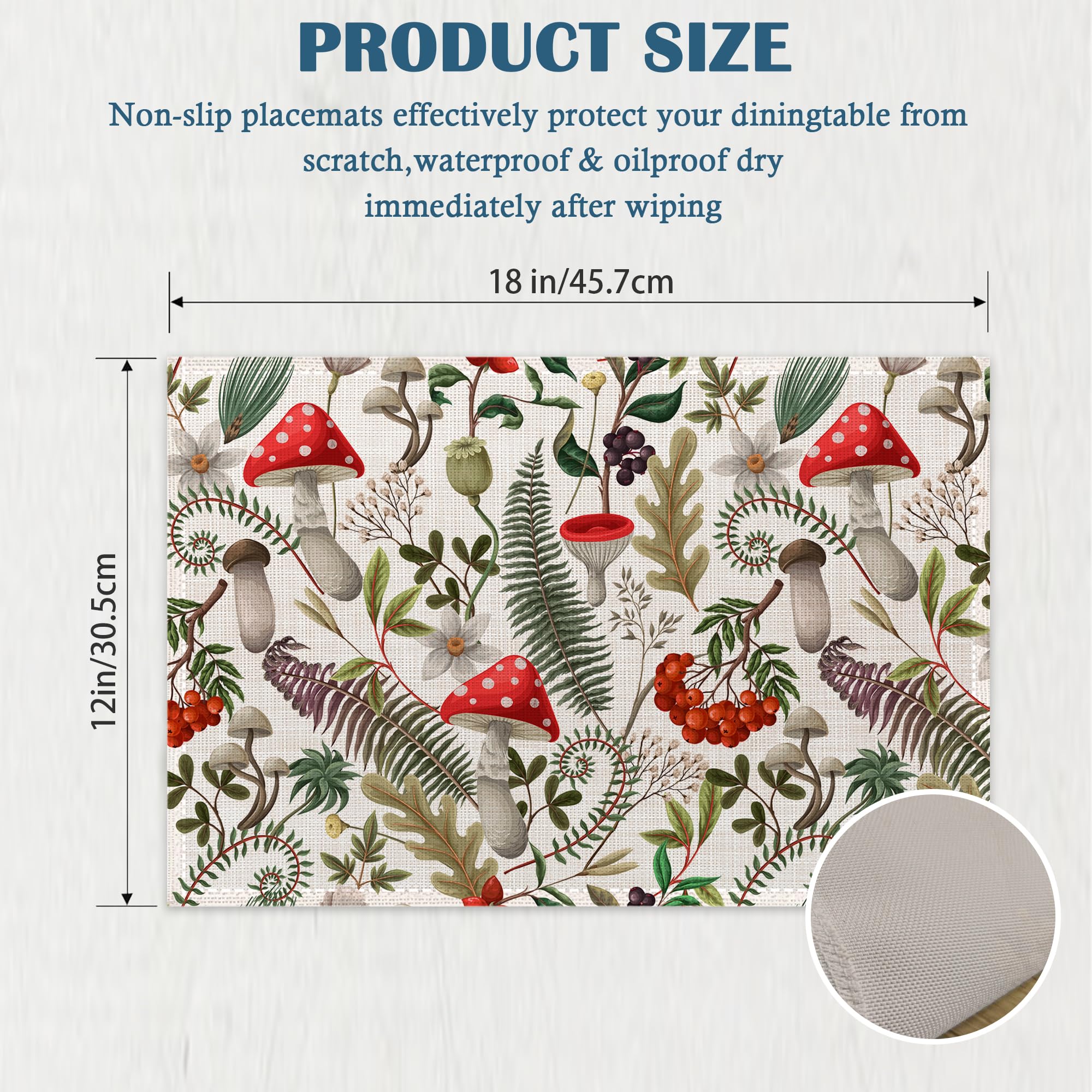 Vintage Mushroom Fern and Berries Placemats Linen Table Place Mats Set of 4 Non-Slip Heat Resistant Table Mats for Dining Kitchen Cabin Decor 12x18 Inch