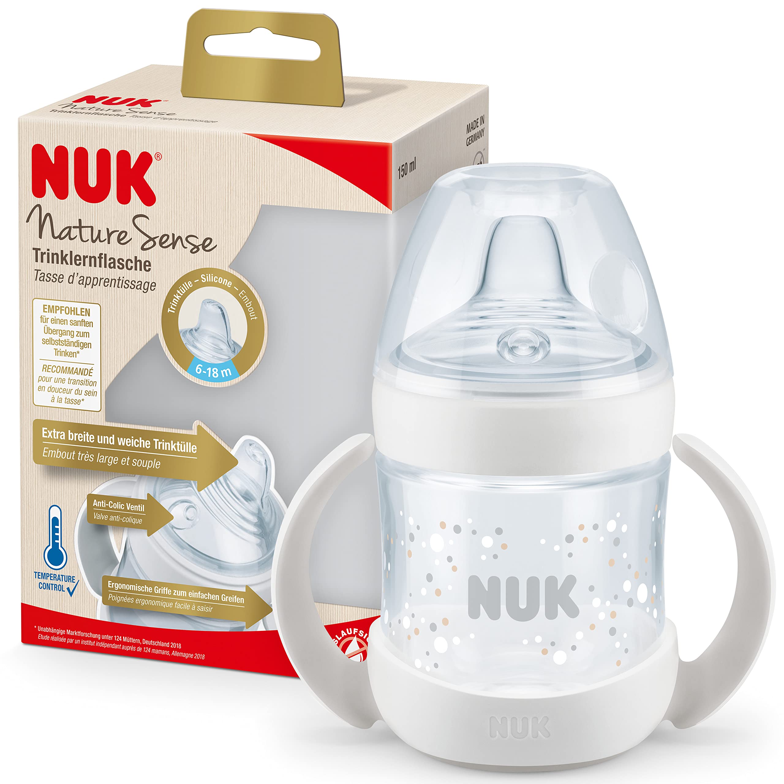NUK Nature Sense Trinklernflasche | 6–18 Monate | 150 ml | Temperature Control Anzeige | Mit Ergonomische Griffe und Anti-Kolik-Ventil | auslaufsichere Trinkschnabel aus Silikon | BPA-frei | Weiß