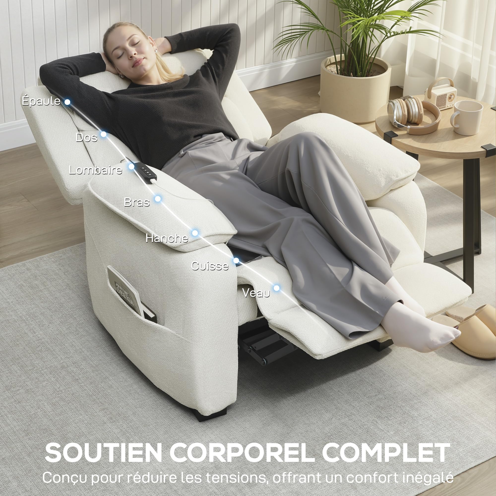 HOMCOM Sillón reclinable eléctrico con Puerto USB Crema | Reposapiés, Bolsillos laterales, Reposacabezas, Mando remoto, Motor silencioso, 2 posiciones de memoria, Sala cine en casa