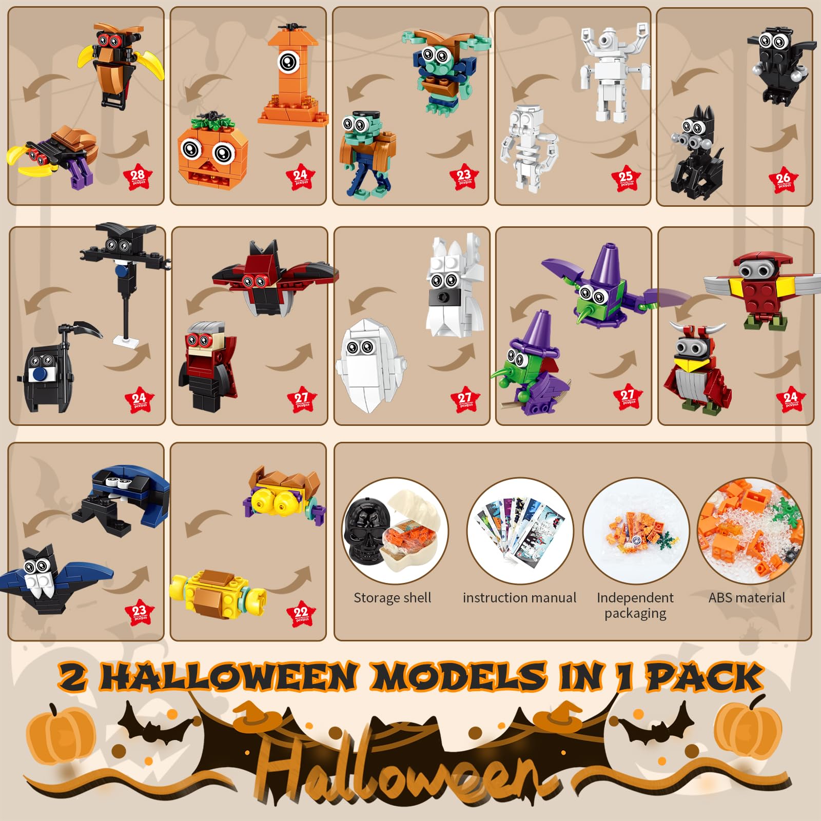 Own1one Halloween Mitgebsel Kinder, 12 Vorgefüllten Totenköpfen mit 12 2-in-1-Bausteine & 1 Tüte als Pinata Füllung, Trick or Treat Geschenke für Halloween Kindergeburtstag Party Kinder Gastgeschenke