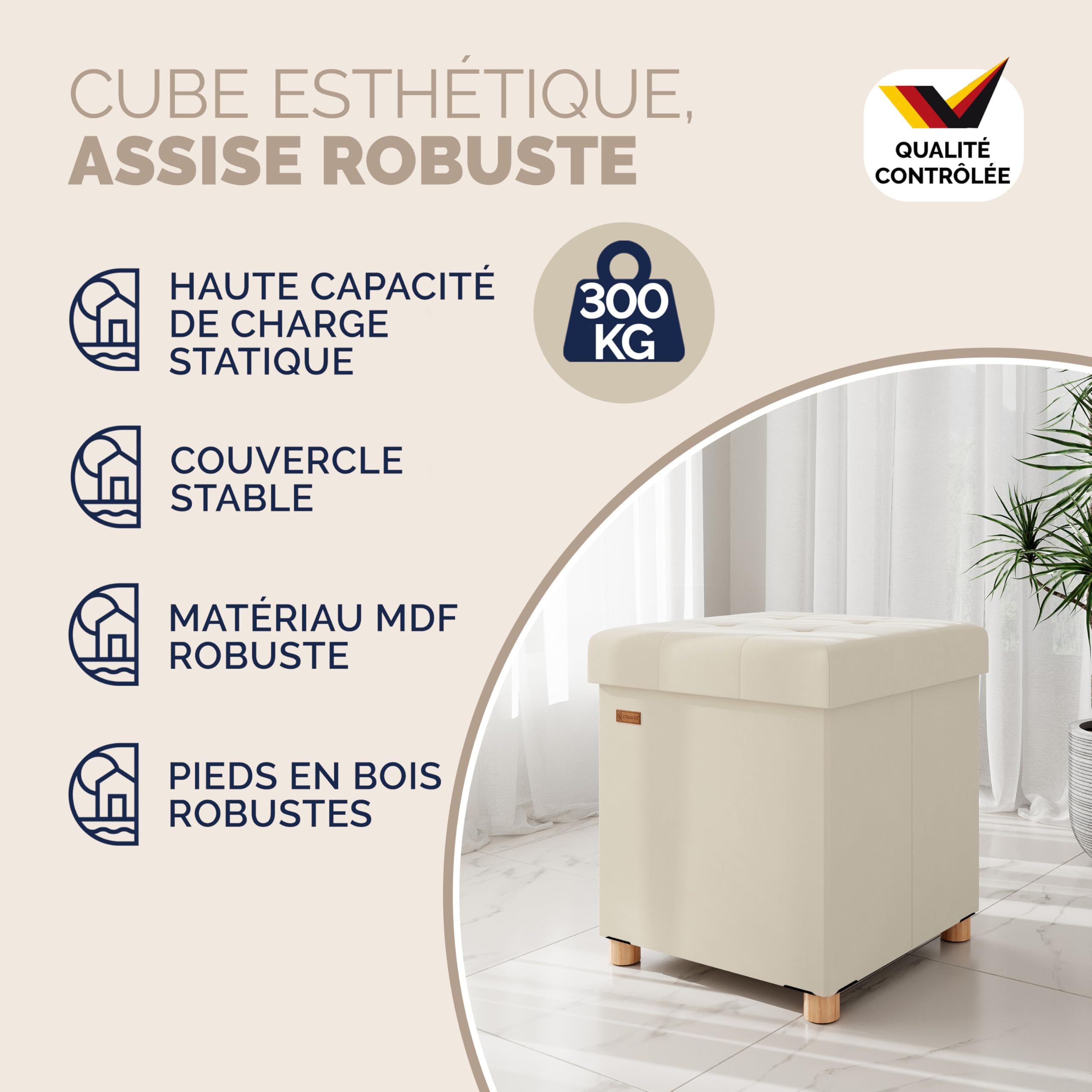 Casaria® Tabouret Cube avec Espace de Rangement Velours Beige Petit Pouf Pliable 38 x 38 x 38 cm Coffre de Rangement Repose-Pied Coffre à Jouet Salon Chambre