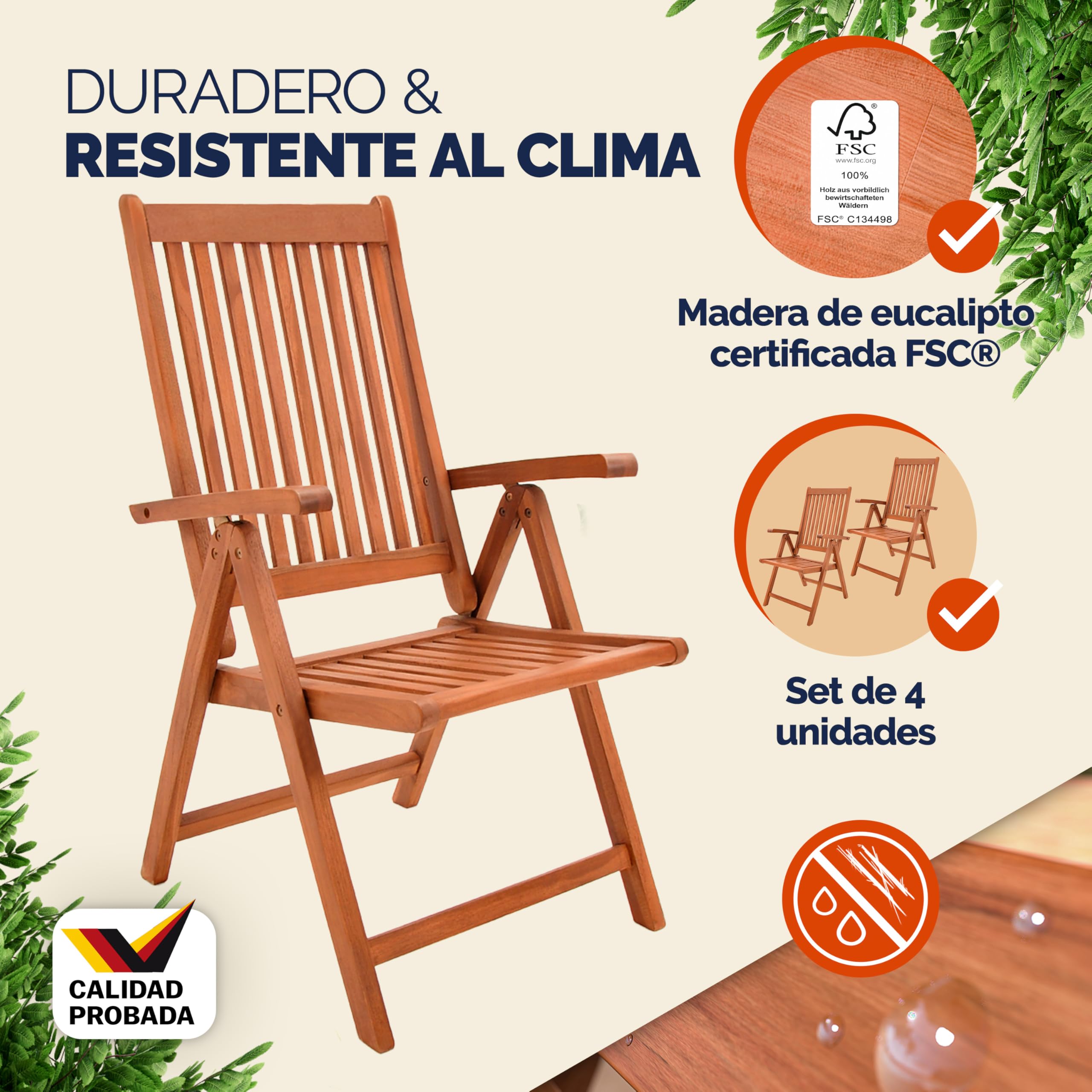 Casaria® Set 4x Sillas de Jardín Exterior Plegables Madera Eucalipto Certificada FSC® Asiento Respaldo Regulable Apoyabrazos Mobiliario Apilable Invernadero Balcón Terraza Patio Camping 55x70cm Marrón