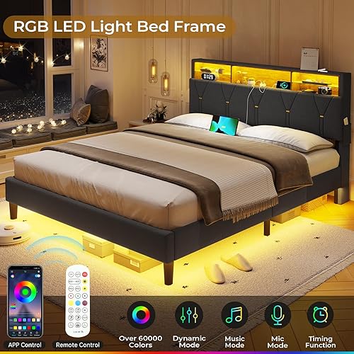 Miniatura 18 de BTHFST Base de cama de tamaño matrimonial con luces LED y estación de carga, marco de cama LED tamaño matrimonial con almacenamiento de cabecero,